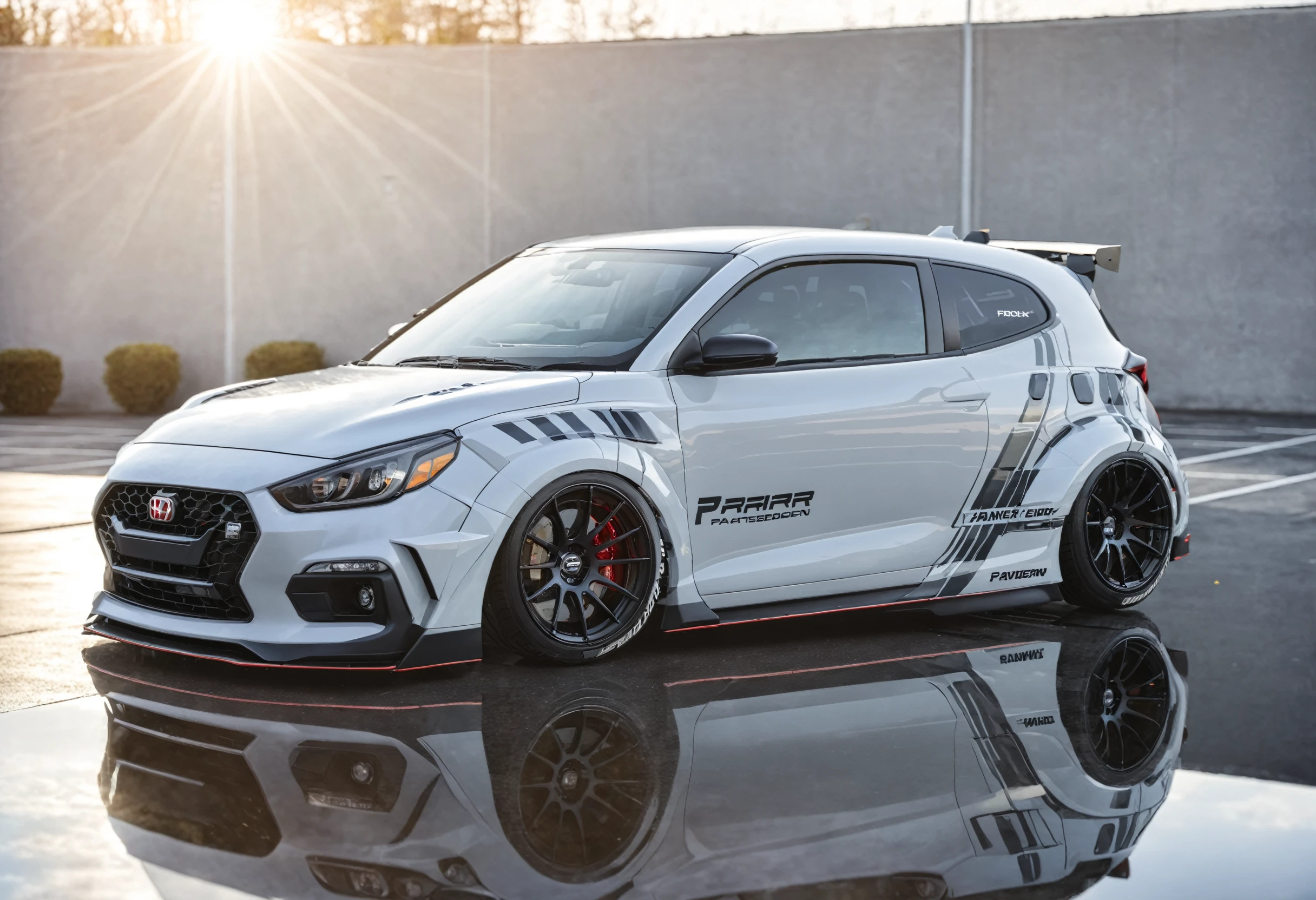 ((masterpiece,best quality)), ultra detailed, light grey widebody hatchback, in a empty outdoor parking lot, sunlight, depth of field, reflection, <lora:WBC-XL-v1-000006:0.9>
