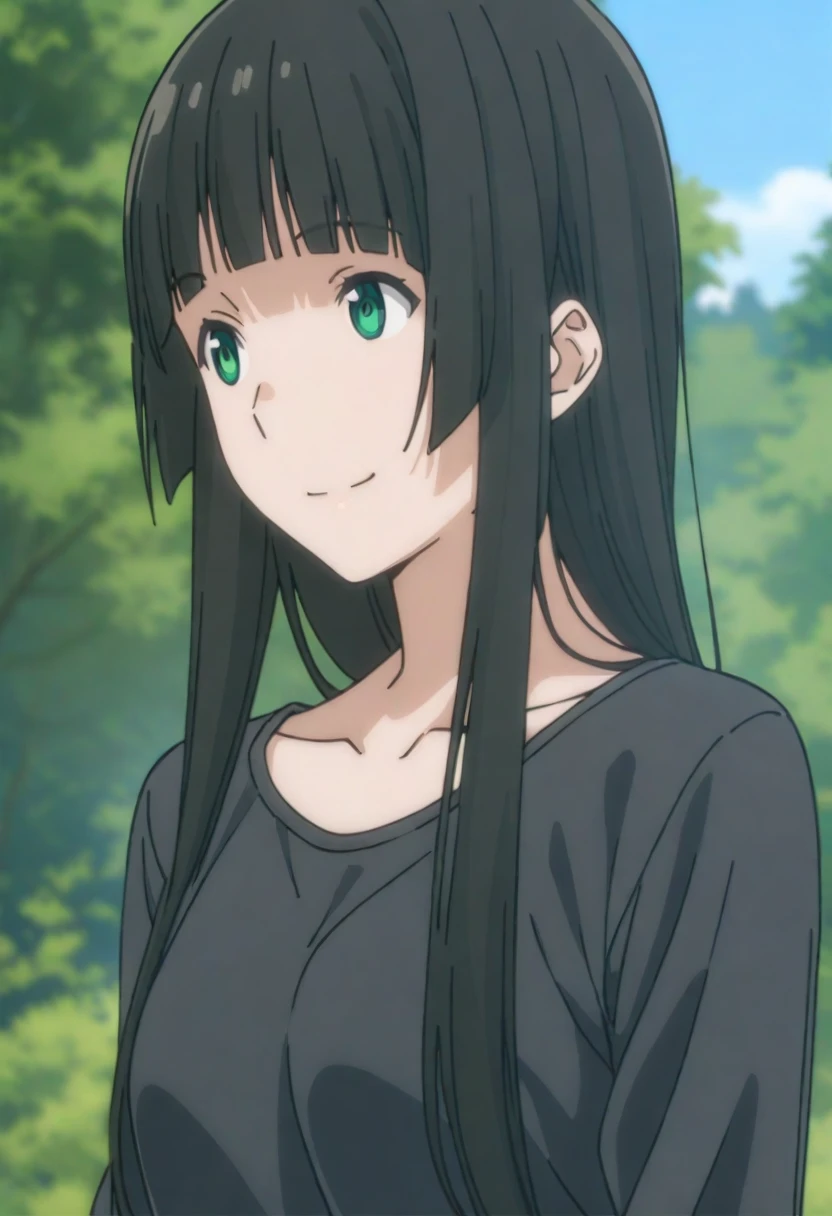 kowata makoto,1girl, solo, green eyes, black hair, long hair, tree, nature, forest, collarbone, smile, bangs, outdoors, upper body, looking to the side, blunt bangs, black shirt,long sleeves,smile,
masterpiece, best quality,newset,
<lora:kowata makoto A31 e1-000008:0.85>