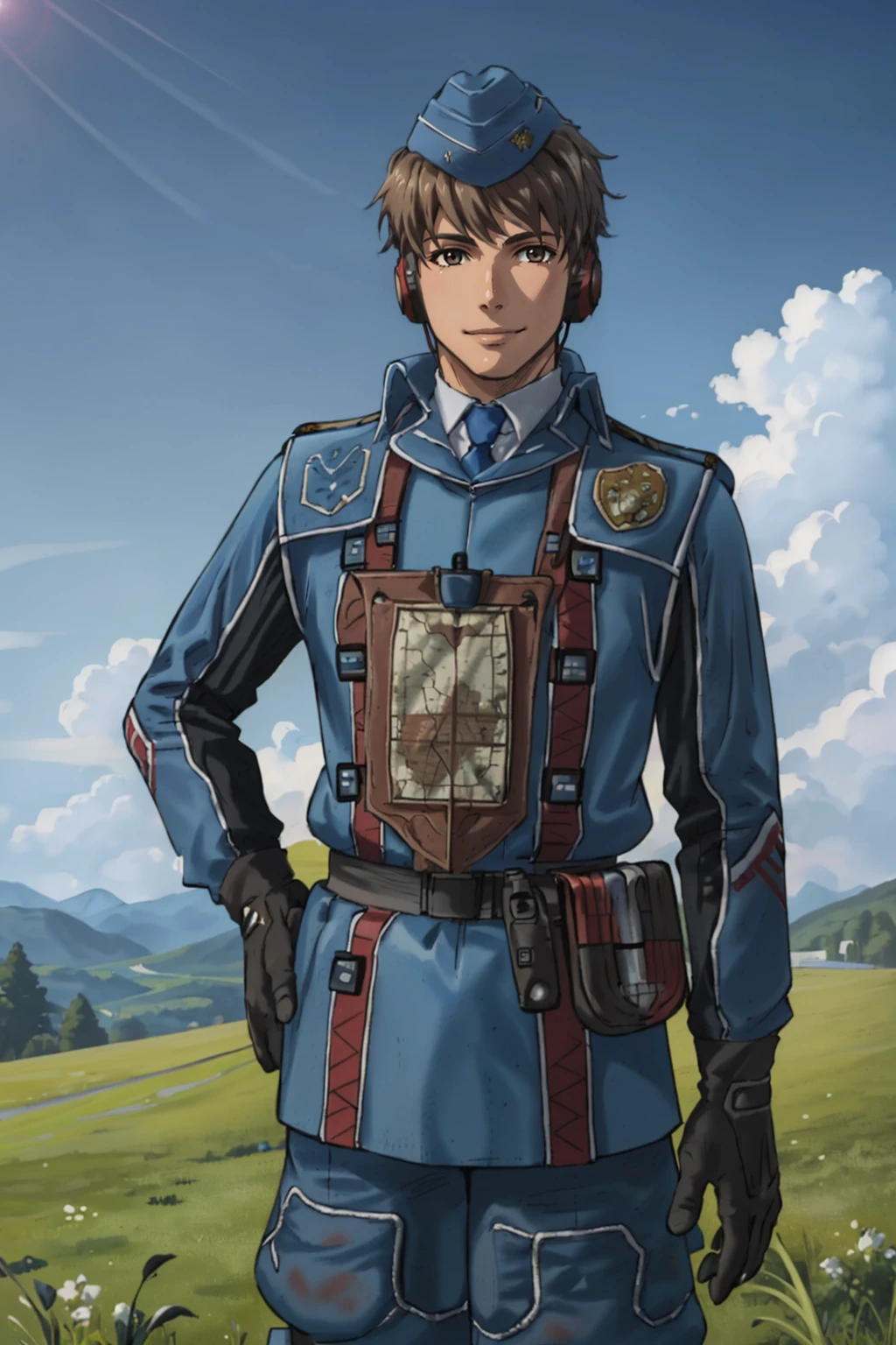 masterpiece, 1boy, solo, cowboy shot, looking at viewer, smile, hand on hip, <lora:WelkinVC:0.9> welkinVC, short hair, garrison cap, military uniform, headphones, blue jacket, long sleeves, belt, pouch, map lanyard, gloves, blue pants, outdoors, grass, sky, cloud