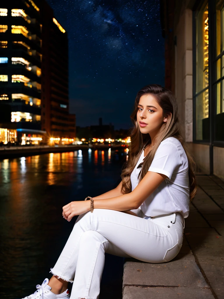 Realistic photo of a beautiful d4sh4m woman, 1girl, solo, long hair, looking at viewer, smile, blonde hair, brown hair, shirt, jewelry, sitting, short sleeves, outdoors, sky, shoes, pants, necklace, bracelet, lips, head tilt, black shirt, night, white footwear, denim, building, sneakers, star (sky), night sky, starry sky, jeans, realistic, white pants, photo background, nike, professional Photography, Photorealistic, detailed, RAW, analog, sharp focus, high quality, film grain<lora:d4sh4m:1.0>