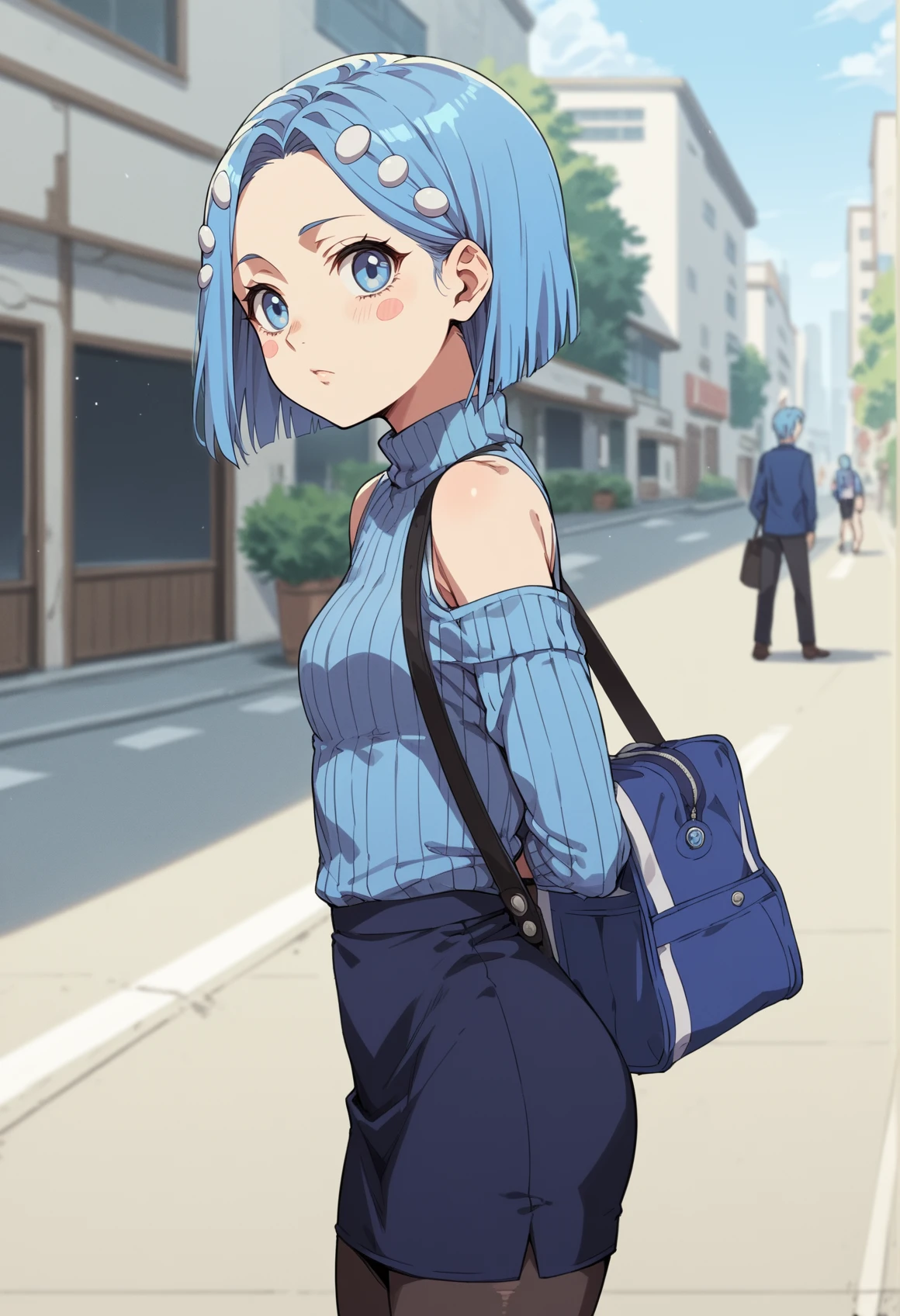 1girl, solo, blush stickers, blue hair, short hair, blue eyes, hair ornament, knitted sweater, bare shoulders, pencil skirt, pantyhose, looking at viewer, outdoors, city, bag, from side <lora:Komachi_Loser_Ranger:1>, score_9, score_8_up, score_7_up, score_6_up, score_5_up, score_4_up, (m-da s-tarou:0), masterpiece