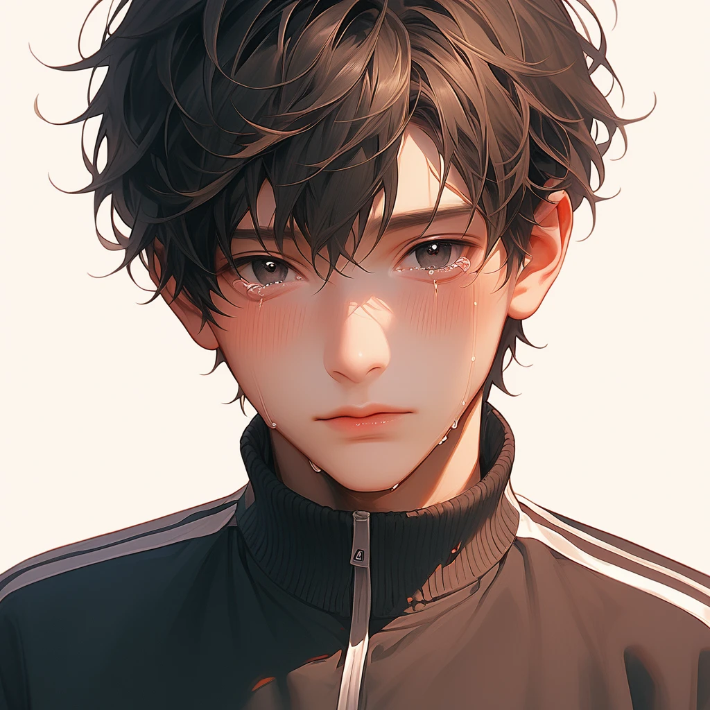 score_9,score_8_up,score_7_up,detailed face,<lora:hanman-000004:1>,1boy,black hair,bangs,track jacket,black jacket,black eyes,blush,crying with eyes open,white skin,looking at viewer,simple background,best quality,<lora:add-detail-xl:1>,