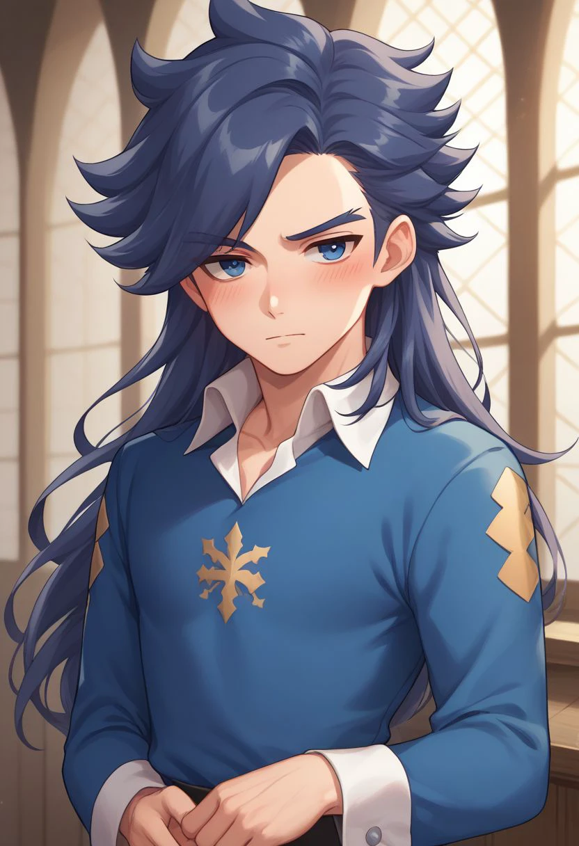 score_9, score_8_up, source_anime, highly detailed, 1boy, solo, male_focus
janne, 
1boy, long hair, blush, male focus,  long hair, blue hair, spikder hair, shirt, blue eyes, blue shirt,
collared shirt,
indoor, medieval,