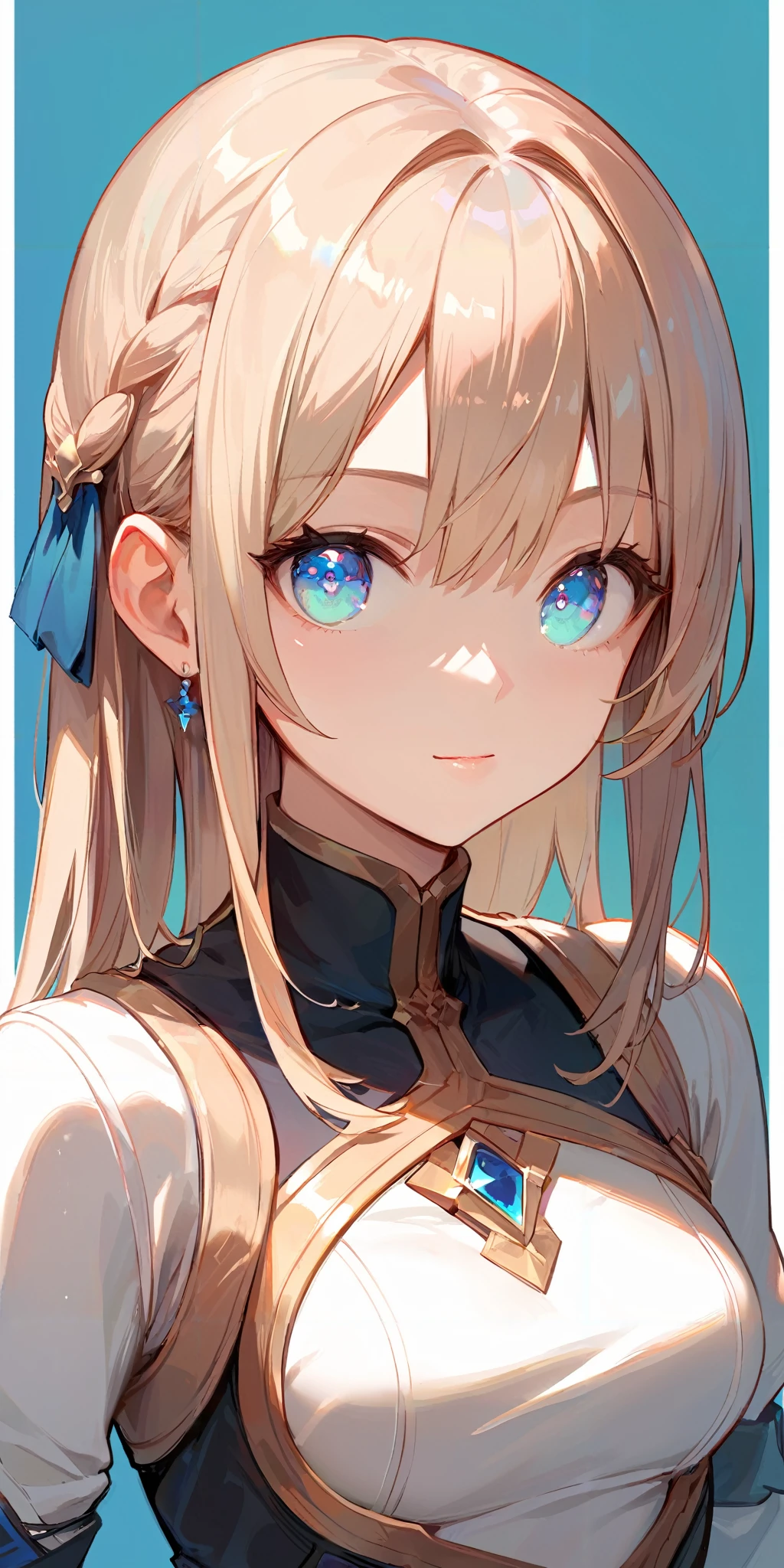 highest quality、Realistic、Women、zoom、Cobalt blue eyes、Long blond wavy hair、Hero Suit、Glossy white bodysuit、Blue and gold accents、slender、Dark Skin、Large Breasts、Rooftop、An inappropriate smile、Bust Shot、