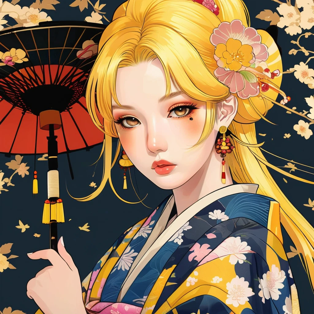 a japanese girl wearing kimono with a beautiful face, detailed face, blone yellow hair, anime color style, rich details, in the style of <lora:style_lora_adafactor:0.8>