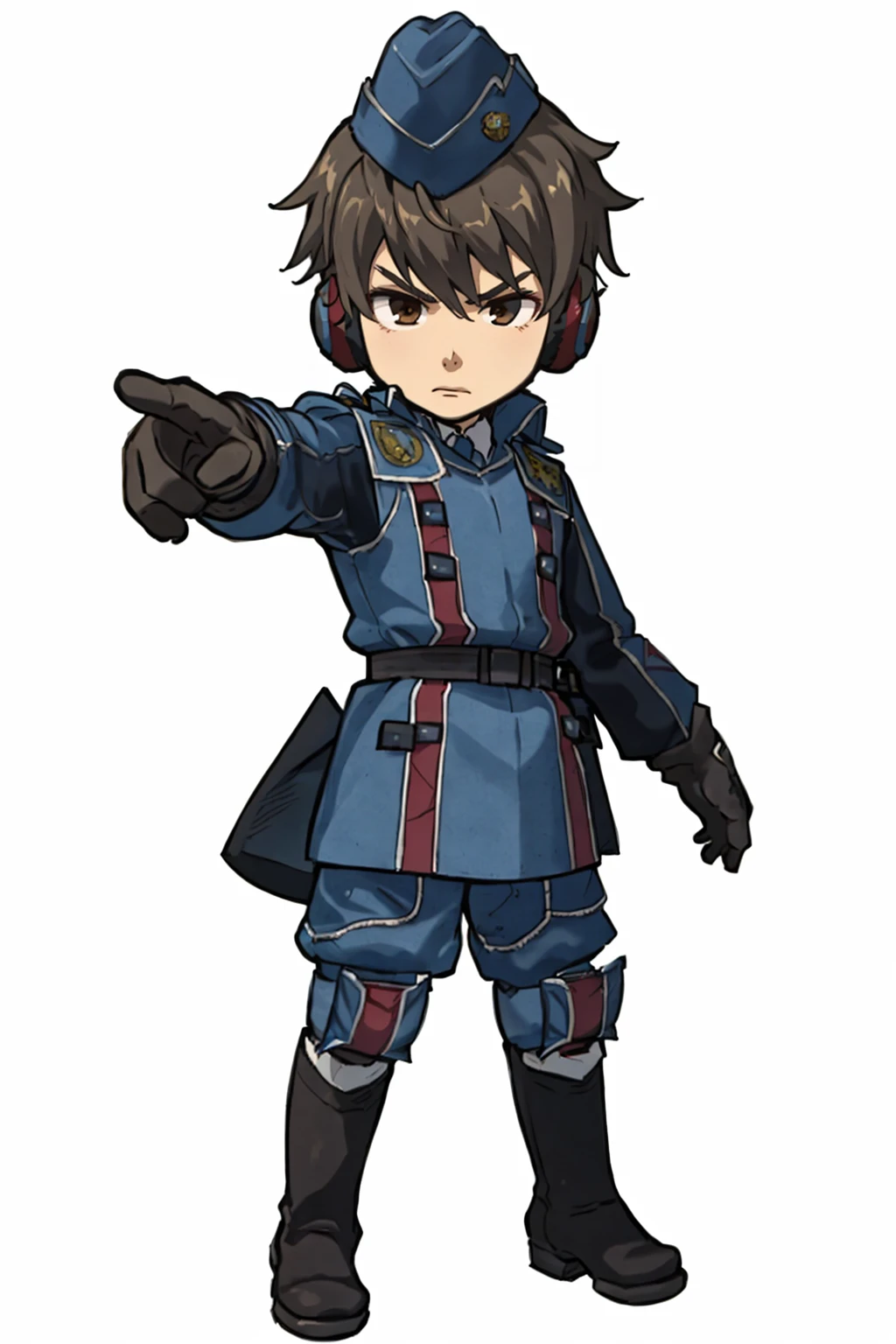 (masterpiece, best quality:1.2), <lora:DarkCabalChibiStyle:1> chibi, white background, simple background, 1boy, solo, full body, serious, standing, pointing, <lora:WelkinVC:0.87> welkinVC, short hair, garrison cap, military uniform, headphones, blue jacket, long sleeves, belt, gloves, blue pants, knee pads, boots