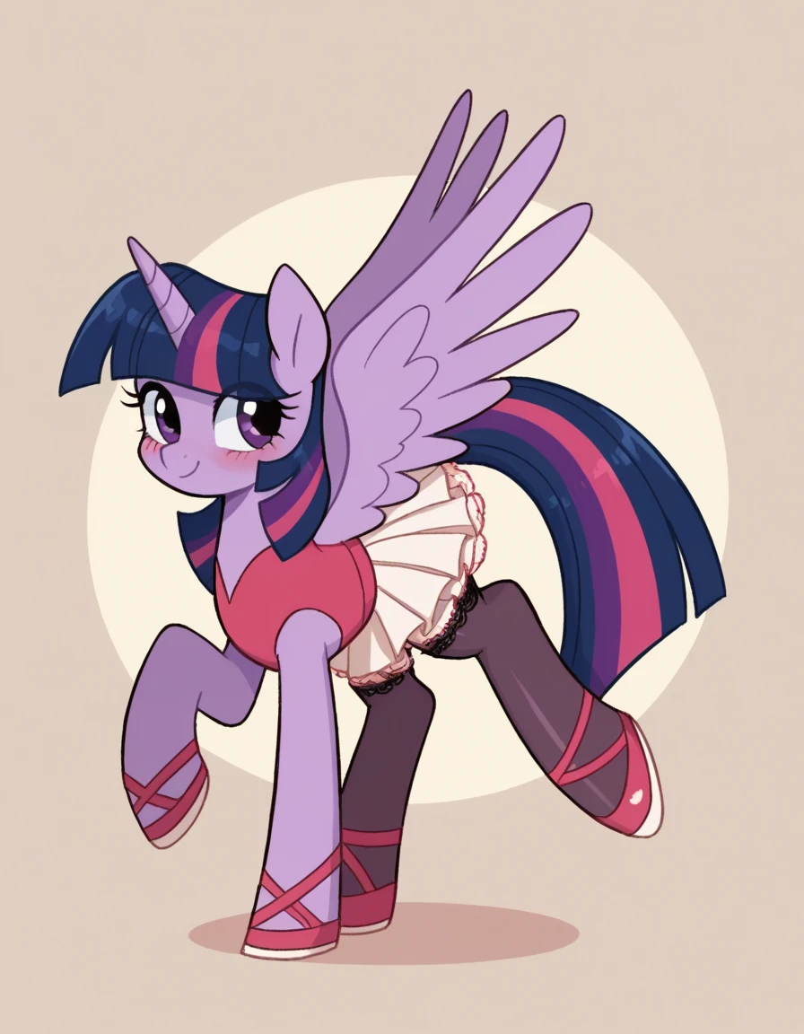 zPDXL, score_9, score_8_up, score_7_up, source_anime, 8k, absurdres, 1990s \(style\), retro artstyle, anime coloring,
1girl, solo, <lora:StickySweet_v2:0.8> stkyswt, twilight sparkle, unicorn horn, pegasus wings, colored skin, purple skin, black eyes, ballerina wearing Romantic blush pink leotard, layered tulle skirt, lace stockings, satin ballet shoes, upper body, portrait, mlp, pony
