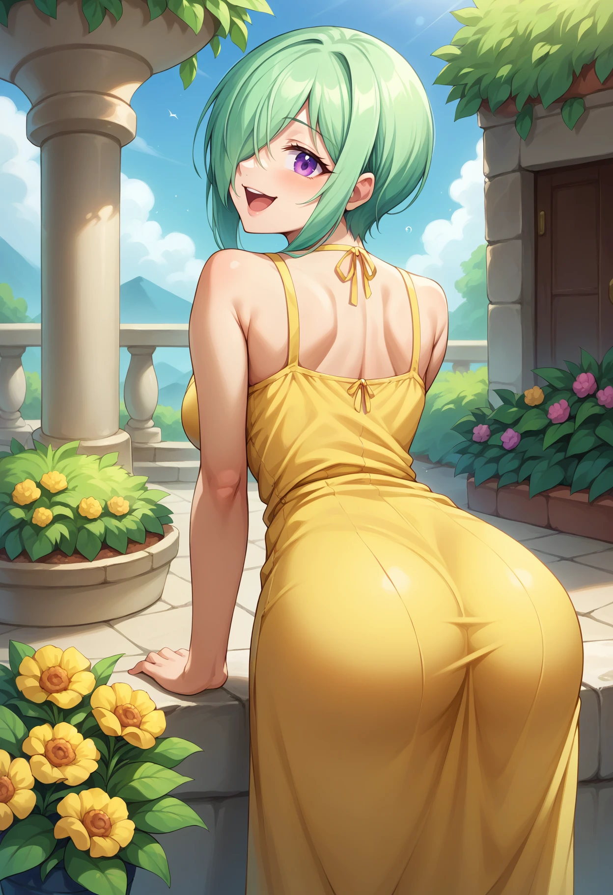 score_9,score_8_up,score_7_up BREAK 1girl,jelodruj,solo,garden,from behind,green hair,purple eyes,hair over one eye,yellow sundress,looking back,happy,smile,<lora:Druj-JeloXL-000008:1>,