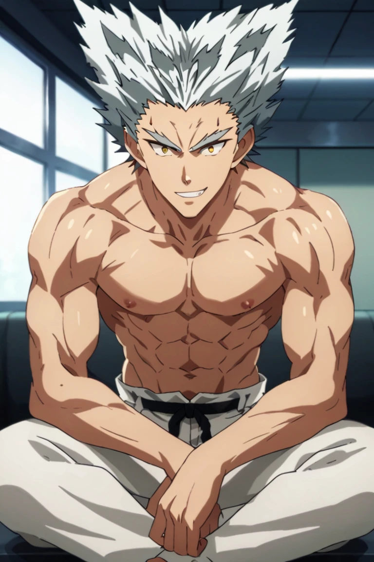 score_9,score_8_up,score_7_up,source_anime,1boy, male, solo, looking at viewer, Garou,silver hair, yellow eyes,spiked hair, muscler, indoors, upper body, sitting, black_body_suit, white pants, looking, down, pov, grin,