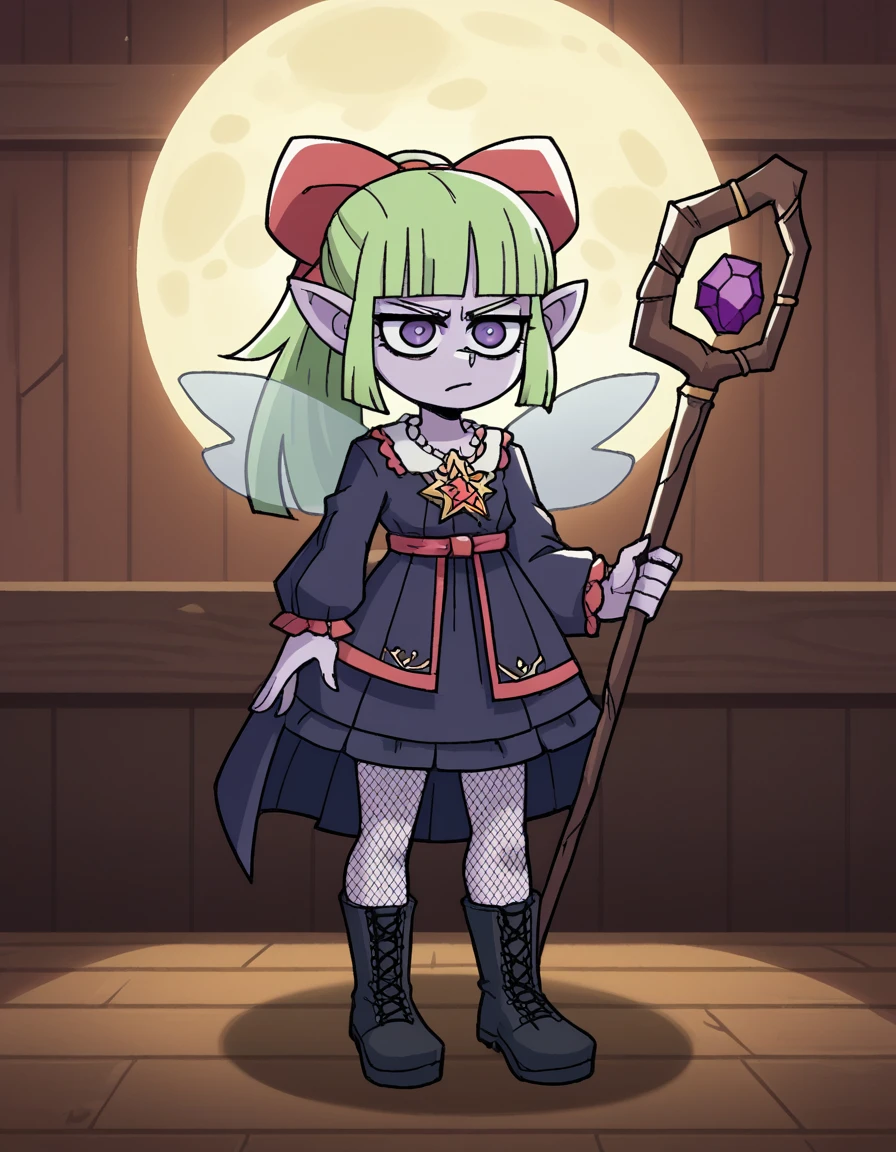 zPDXL, score_9, score_8_up, score_7_up, source_anime, 8k, absurdres,
1girl, solo, <lora:Vanitaker:1> vanitaker, <lora:Fuura:0.8> fuura, purple skin, colored skin, green hair, blunt bangs, ponytail, hair bow, purple eyes, , pointy ears, fairy wings,, witch wearing Spellbinding black velvet dress with moon and stars motifs, fishnet stockings, black ankle boots, (dark iron circlet), gnarled wooden staff adorned with runes or crystals, upper body, portrait,