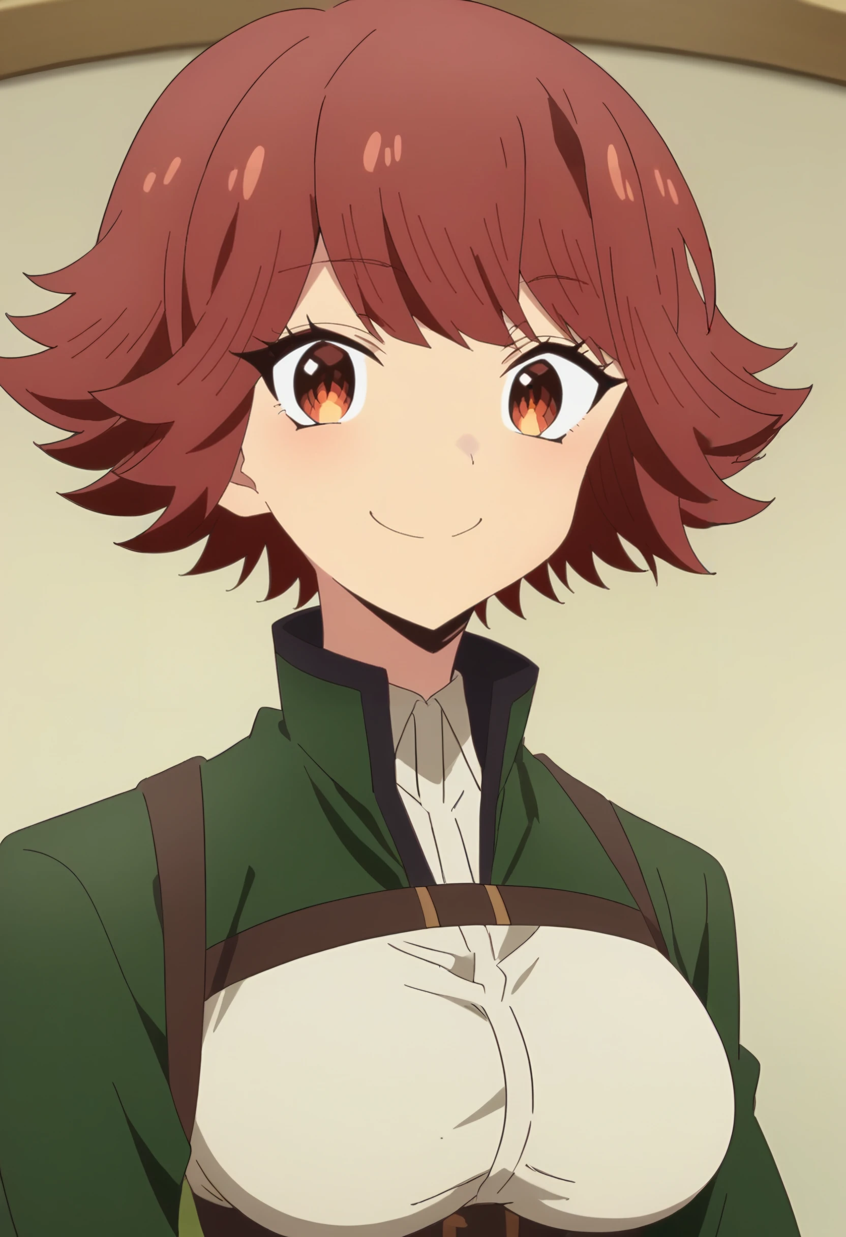 <lora:Byleri:1> byleri, short hair, red hair, 1girl, brown eyes, brown hair, solo, large breasts, collared shirt, green jacket , looking at viewer, upper body, smile, score_9, score_8_up, score_7_up, , anime coloring ,BREAK source_anime, anime