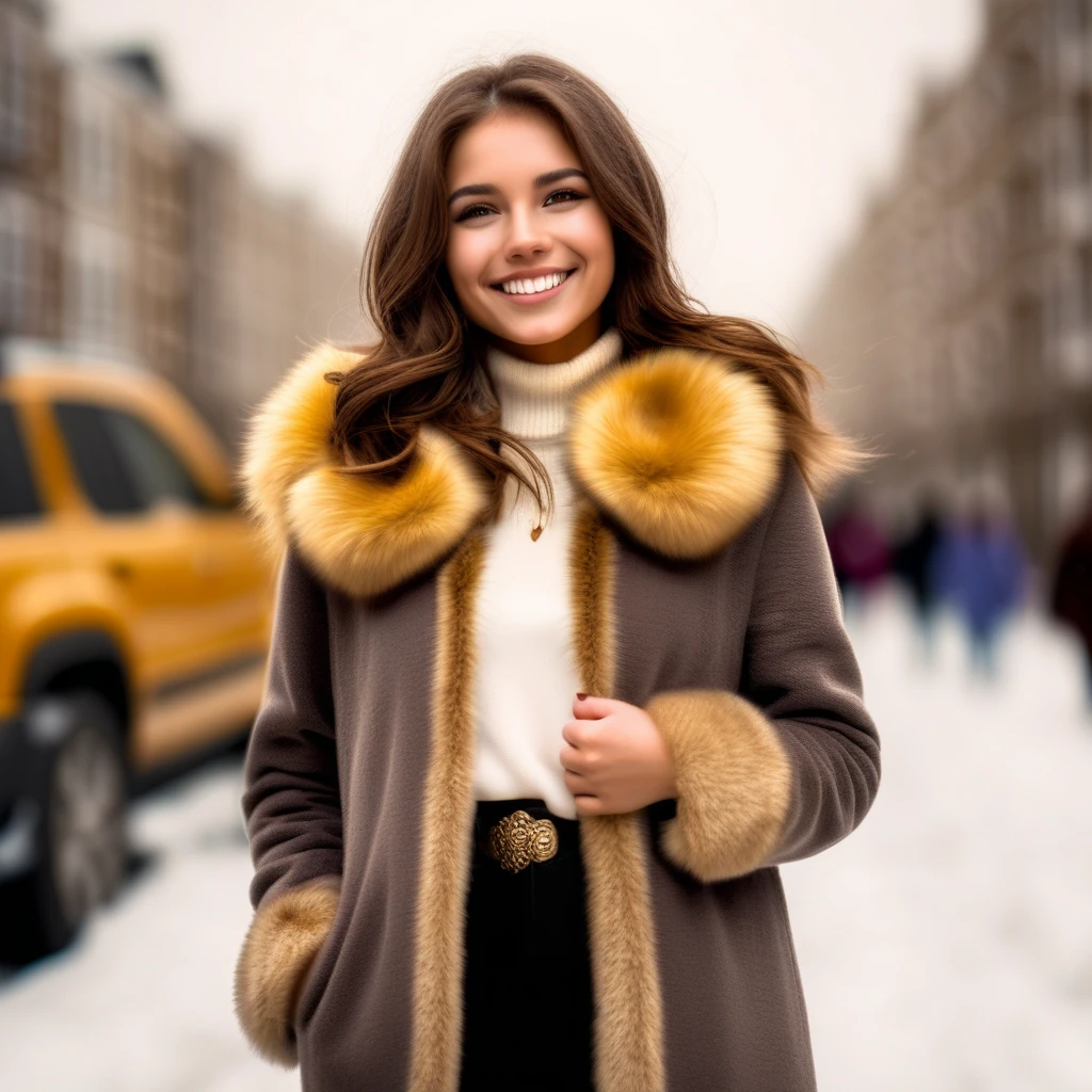 flower, glowing, smile, street, fur trim, cloudy sky, mole, winter, open shirt, gold