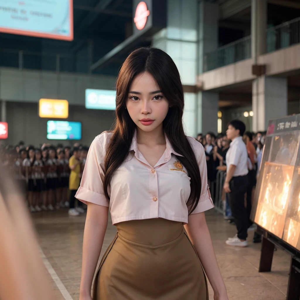 cinematic photo thai a woman in a uniform is standing in front of a crowd <lora:thai:1> . 35mm photograph, film, bokeh, professional, 4k, highly detailed