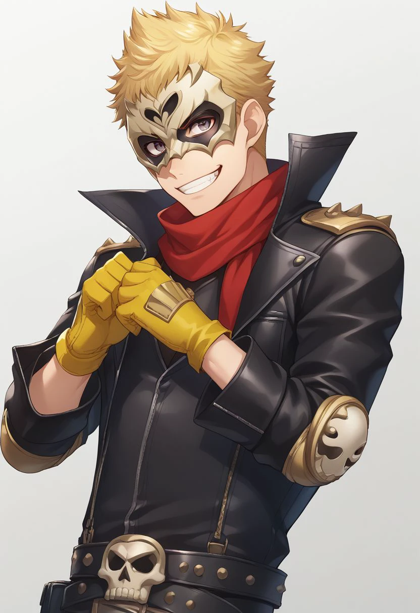 score_9, score_8_up, source_anime, highly detailed, 1boy, solo, male_focus
ryuji, solo, 1boy, male focus, mask, black mask, skull mask, blonde hair, gloves, belt, yellow gloves, scarf, red scarf, knee pads, grin, clenched fists, raised hands, upper body,
simple background.