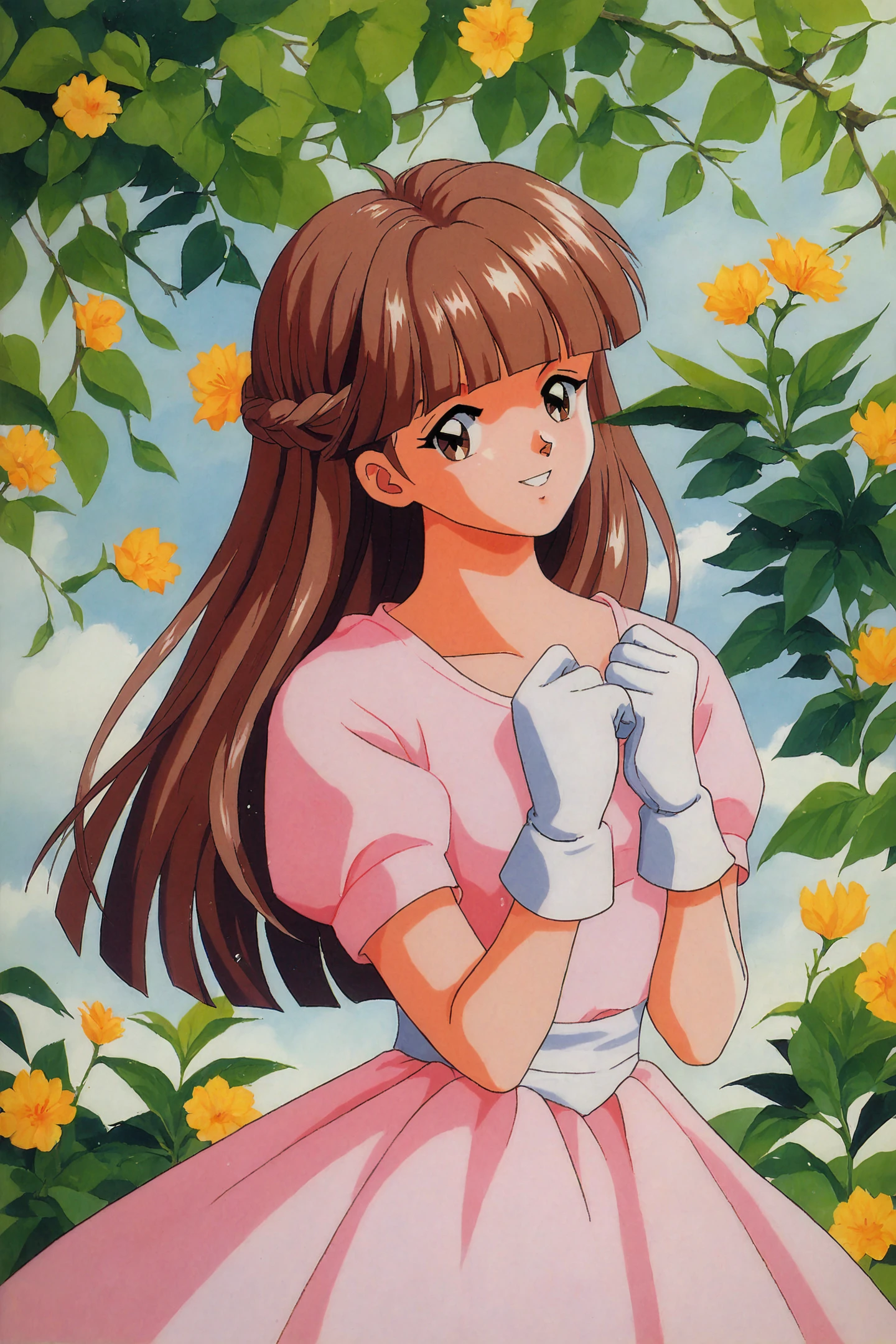 score_9,score_8_up,score_7_up,masterpiece,best quality,
Megumi Mikihara,1girl,solo,gloves,retro artstyle,1990s (style),brown hair,long hair,dress,bangs,braid,brown eyes,smile,blunt bangs,white gloves,looking at viewer,short sleeves,pink dress,french braid,traditional media,flower,
<lora:Tokimeki Memorial_XL_PONY:0.8>,