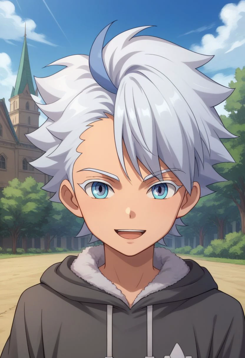 score_9, score_8_up, source_anime, highly detailed, 1boy, solo, male_focus
froy, solo, open mouth, 1boy, male focus, blue eyes, looking at viewer, white hair, hood, multicolored hair, short hair, upper body, blue hair, smile,
outdoor,