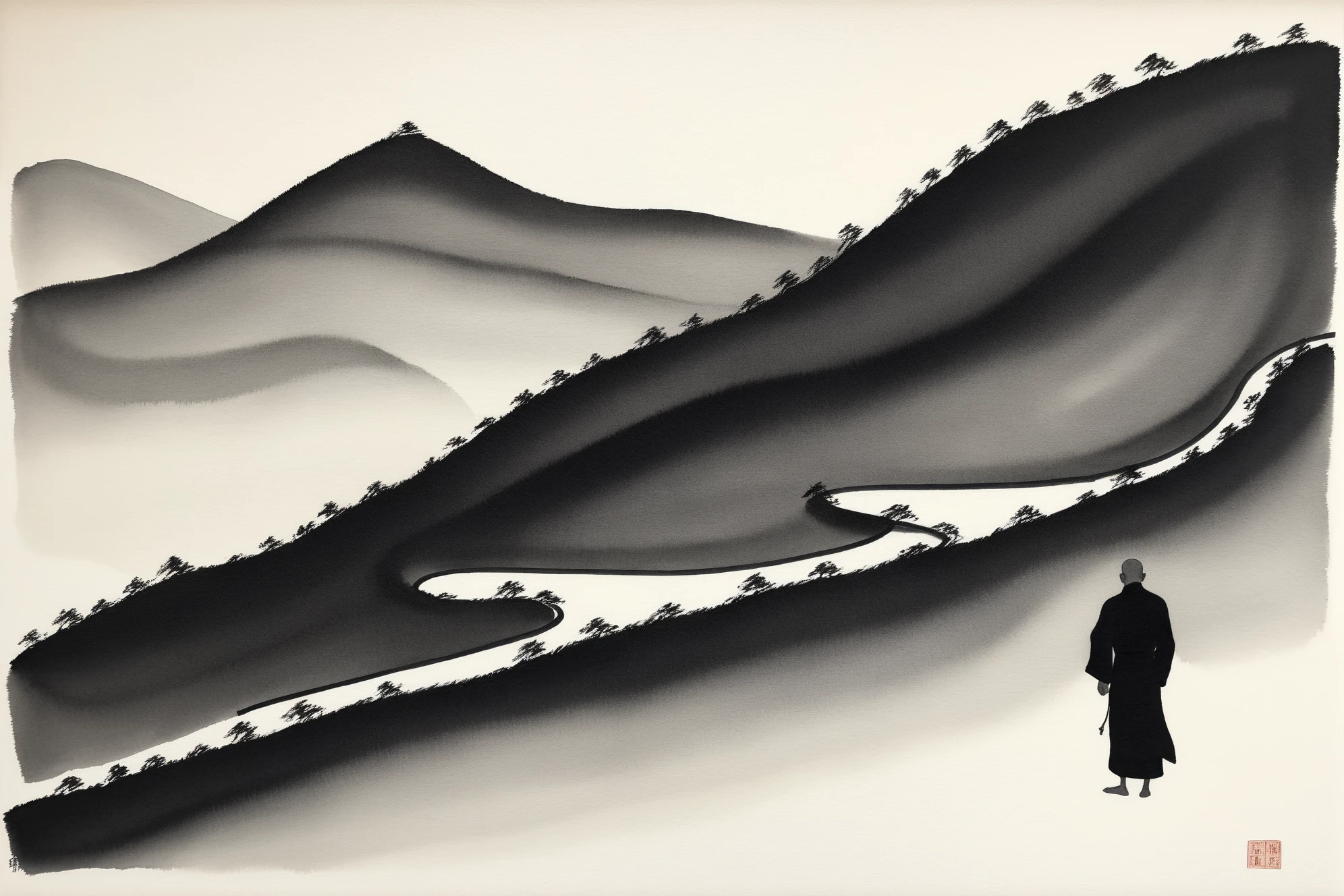 (Ink Image) Abstract ink painting depicting a monk walking on a winding mountain road,bowing his head alone. The picture adopts the style of traditional ink painting,the lines are smooth and simple,and the black and white tones create a quiet and deep atmosphere. The mountain road twists and turns,the figure of the monk appears lonely and firm,and the overall picture is full of Zen and poetic. (abstract ink painting) (monk) (mountain road) (lonely) (bow) (traditional style) (black and white) (Zen),