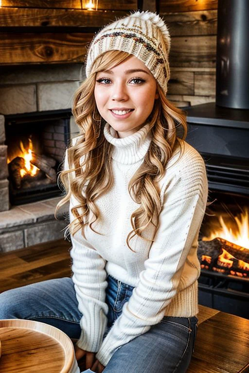 Upper Body Photo of <lora:J34n3tt3_v10:0.8>, J34n3tt3, long hair,  Inside a charming ski resort café with large windows offering a view of the snowy landscape, the influencer sits by the fireplace, warming up with a hot drink. She’s dressed in a cozy, oversized sweater with a Nordic pattern, accessorized with a knitted headband. The background features rustic wooden beams, plush seating, and snow gently falling outside. Her relaxed smile and the inviting interior create a perfect après-ski moment.