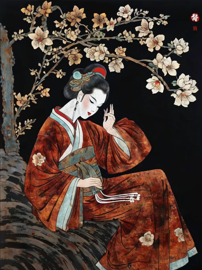 lacquer painting,Lacquer painting "Miao" dancing girl, dark background, heavy, textured, lacquer. Arts and Crafts, Extreme Detail, Texture, Best Quality, Masterpieces, Award-Winning Works, Official Art.