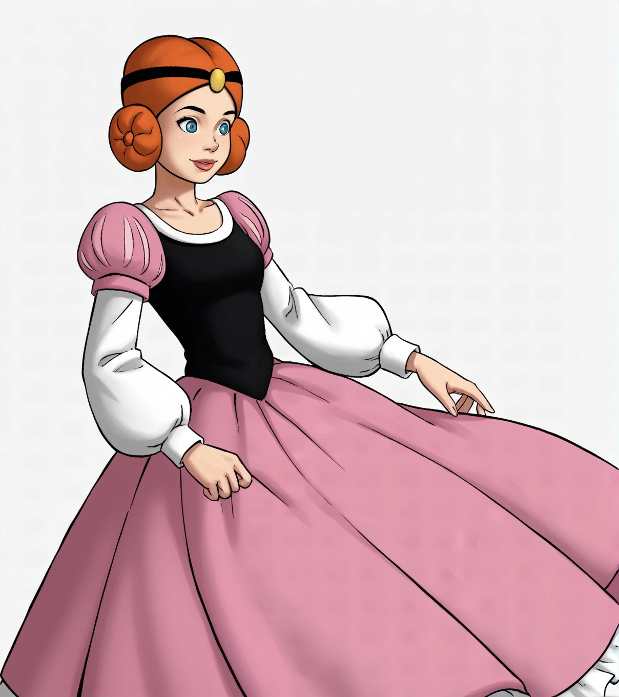 score_9, score_8_up, score_7_up,
princess_sabina, red hair, princess dress, bouffant dress with gigot sleeves and petticoat, side buns, dot pupils, white background, <lora:Princess_Sabina:1>