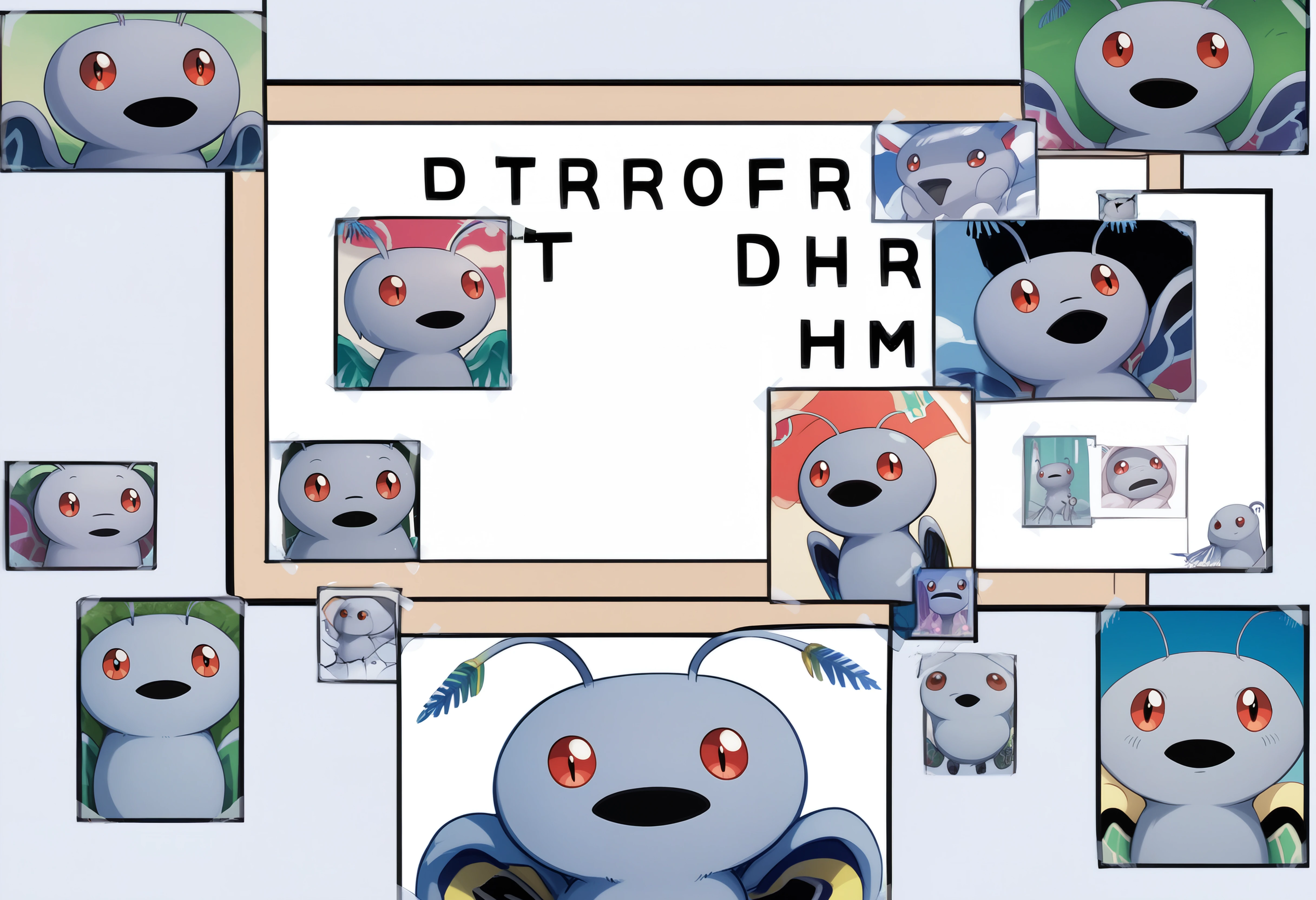 score_9, score_8_up, score_7_up, score_6_up BREAK photo (object), english text, multiple views, poster,difh,cropped,tape, mothman, pokemon \(creature\), red eyes, open mouth, antennae,grey skin,wings <lora:DIFH:1.2> <lora:Mothman-pdxl_Fp:1.1>