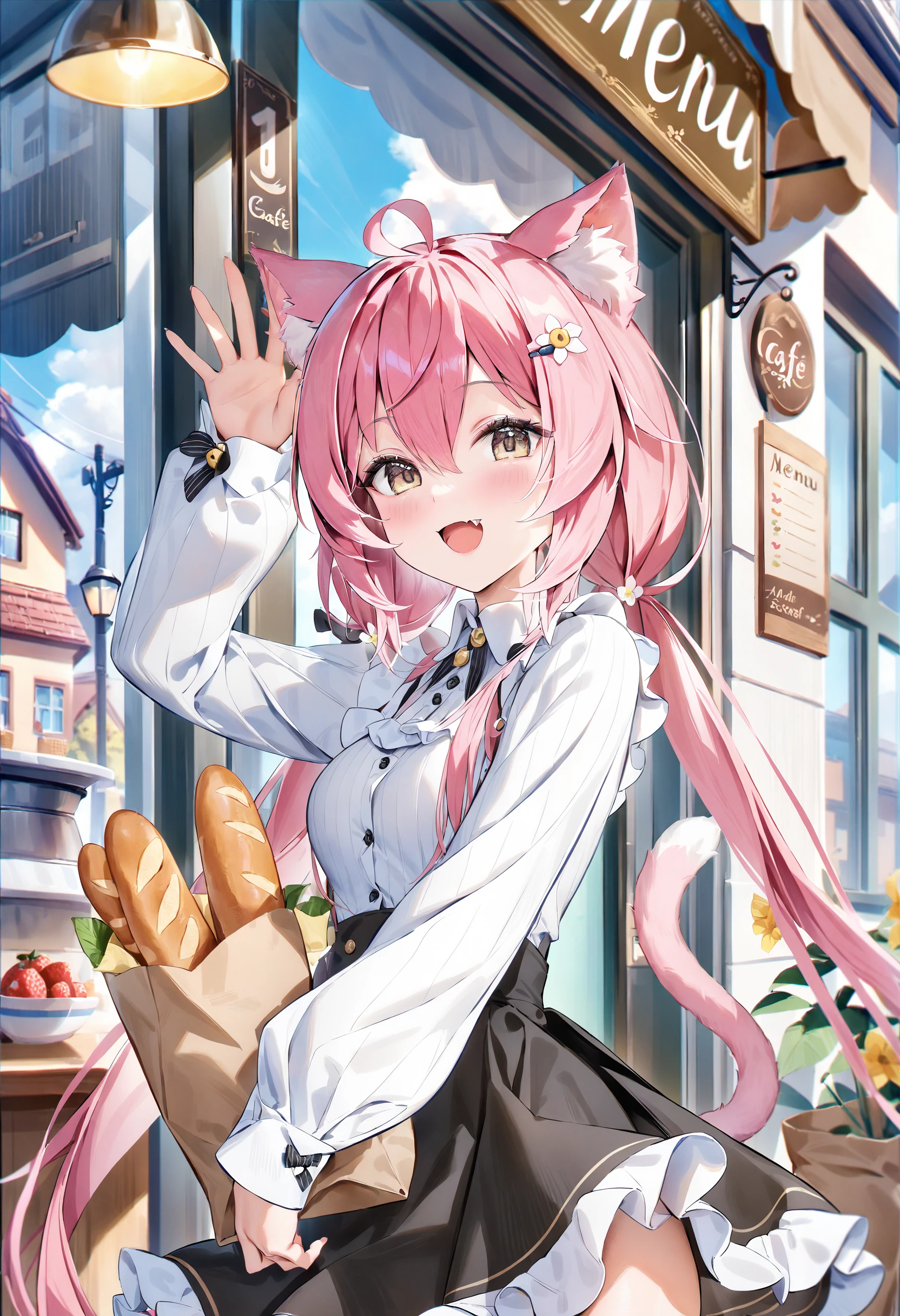 <lora:Animagine_Style7256193366v5-000210:1>, 1girl, solo, cat ears, pink hair, cat tail, long hair, outdoors, day, smile, :d, black skirt, twin braids, hairclip, cat girl, long sleeves, very long hair, paper bag, blush, open mouth, sky, lamppost, building, animal ear fluff, brown eyes, waist apron, yellow bow, fang, low twintails, blue sky, collared shirt, cloud, looking at viewer, window, frills, door, shopping bag, frilled apron, arm up, ribbed sweater, storefront, sign, holding bag, white apron, flower, puffy sleeves, standing, ahoge, vertical-striped shirt, sleeves past wrists, menu board, vertical-striped clothes, dress shirt, waving, ribbed shirt, shop, baguette, white bloomers, puffy long sleeves, hair between eyes, ^_^, hair flower, striped shirt, plant, frilled skirt, white shirt, grocery bag, fruit, pink apron, hand up, tail raised, cafe, potted plant, black bow, masterpiece, best quality, very aesthetic, absurdres