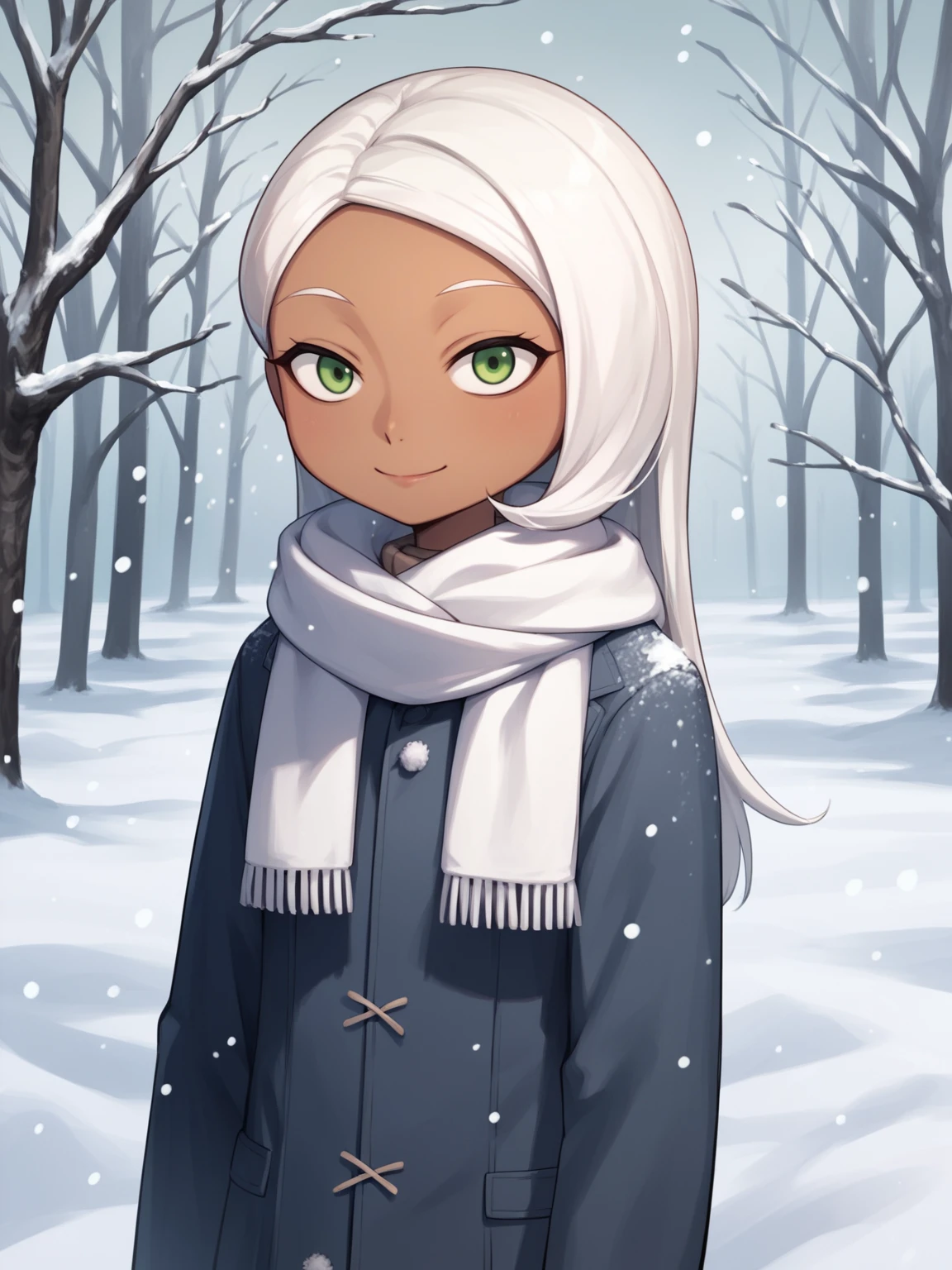 score_9, score_8_up, score_7_up, score_6_up, score_5_up, score_4_up, BREAK, source_anime,
1girl, mirage, mirage standing outdoors in the snow during the winter,
white hair, long hair, green eyes, dark skin, 
winter clothes, white scarf, coat,
seductive smile, looking at viewer, outdoors, snow, snowing, solo, tree, winter     <lora:MirageXLv2:1>