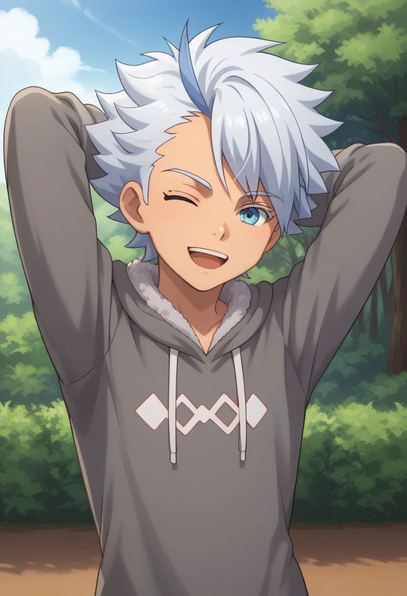 score_9, score_8_up, source_anime, highly detailed, 1boy, solo, male_focus
froy, solo, open mouth, 1boy, male focus, blue eyes, looking at viewer, white hair, hood, multicolored hair, short hair, upper body, blue hair, hands behind head, smile, wink,
outdoor,