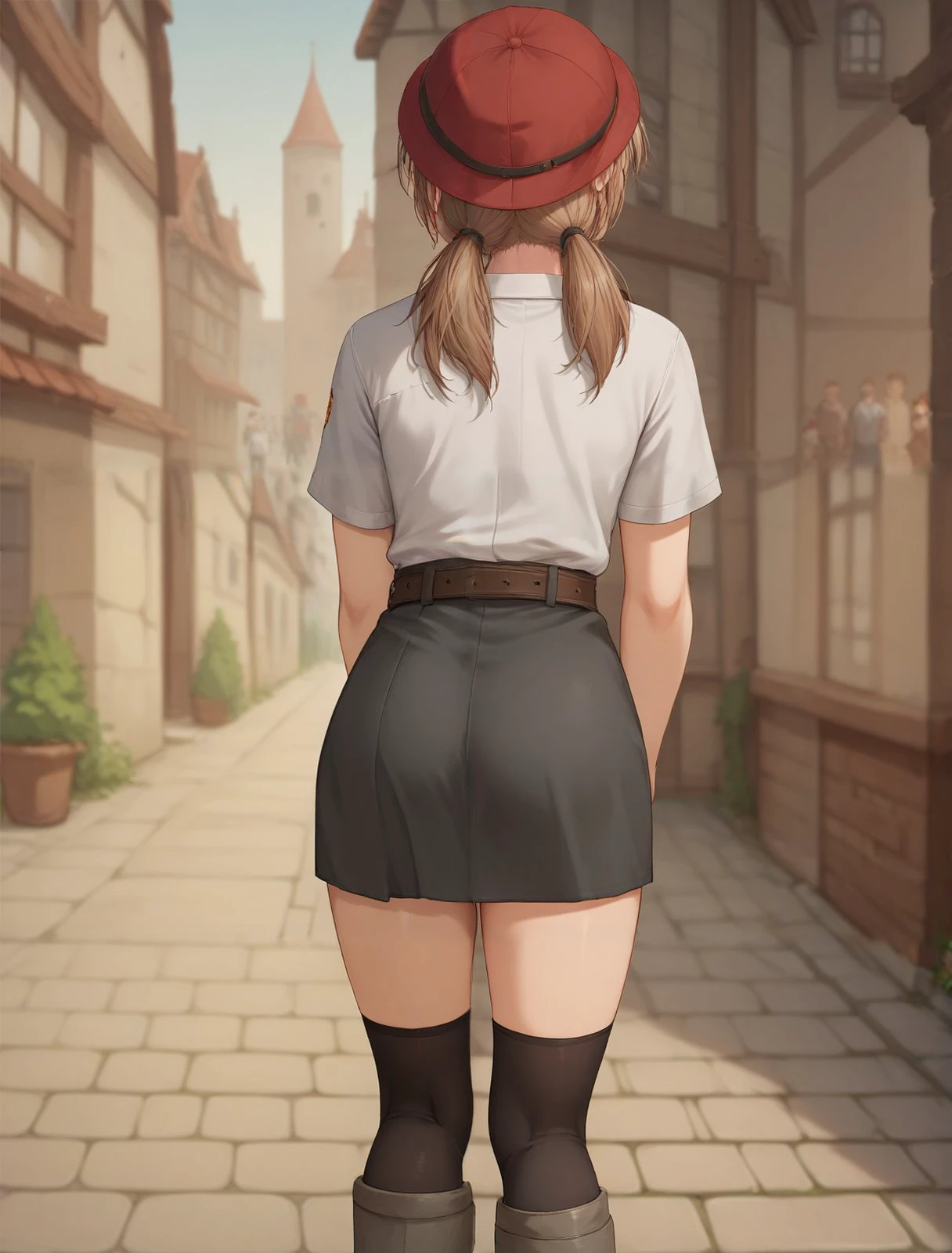 score_9, score_8_up, score_7_up, 1girl, (lleona:1.1), 18 years old, 1girl, brown hair, tied hair, japanese hair, (mixxxed:1.0), (slim body:1.2), rear pose, ass focus, wearing grey and white shirt and grey skirt and belt and black stockings and red cap and badge in the cap and white boots and fake clothes and painted clothes, in wooden old atelier, bystanders, public indecency, sharp focus, daylight <lora:HyLper-Accelerate-PAseer-ponysdxl:0.8><lora:unshaven_pubic_hair_pussy_ponyXL:0.0> <lora:MixxxedOC:0.4> <lora:Bitcch_Leona:0.8>