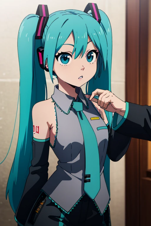 <lora:inker-10:1> inker, 1girl, hatsune miku, cowboy shot, face focus, dark upper lip, small lips,, masterpiece, best quality