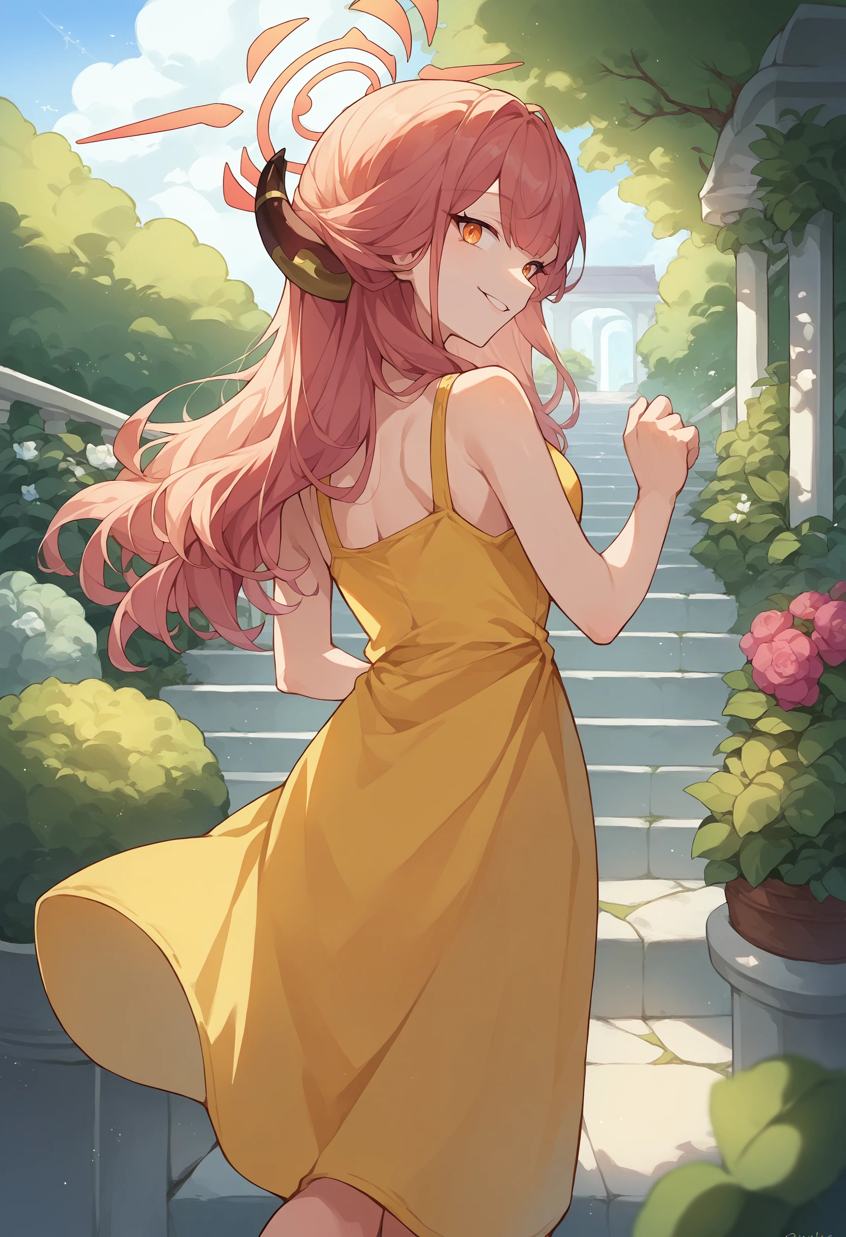 score_9, score_8_up, source_anime, 1girl, solo, RikuhachimaAru, long hair, horns, halo, from behind, yellow sundress, garden, day, sunshine, smile, looking back, <lora:ChamRikuhachimaAruPonyXL:1>
