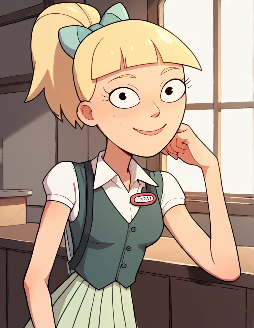 annie, 1girl, blonde hair, solo, name tag, green skirt, freckles, hair bow, ponytail, vest,light smile, white shirt <lora:AnniePony1.1:1.0> ,indoors,  looking at viewer, score_9, score_8_up, score_7_up, score_6_up, score_5_up, score_4_up