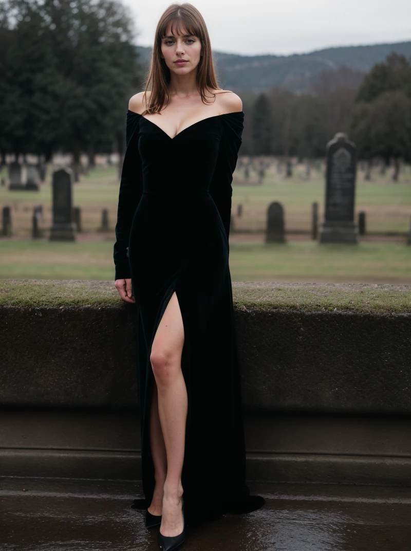 Analog photo, tv_Tracy_Wozniaki_MXAI , tearful sad expression, "ready-for-a-funeral", black dress, looking down, in a rainy graveyard at dusk, ((full body shot)), PA7_Portrait-FL, (((Ultra-HD-details, Ultra-HD-detailed, Ultra-HD-realistic, Ultra-HD-photo-same-realistic-quality-details))), 8k uhd, dslr, soft lighting, high quality, film grain, Fujifilm XT3