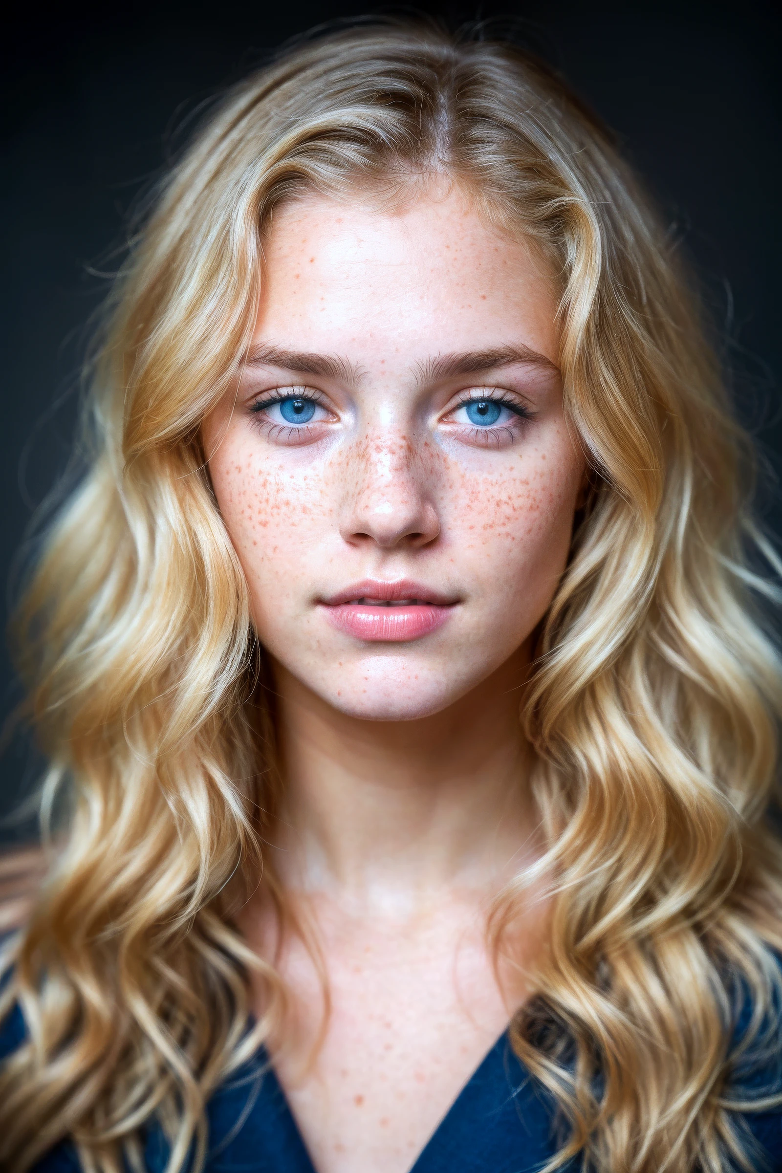 a photo portrait of a beautiful girl with curls and lots of freckles, (dirty blonde hair), (detailed blue eyes), (face portrait:1.5), dramatic light, Rembrandt lighting scheme, (hyperrealism:1.2), (8K UHD:1.2), (photorealistic:1.2), shot with Canon EOS 5D Mark IV, detailed face, detailed hair