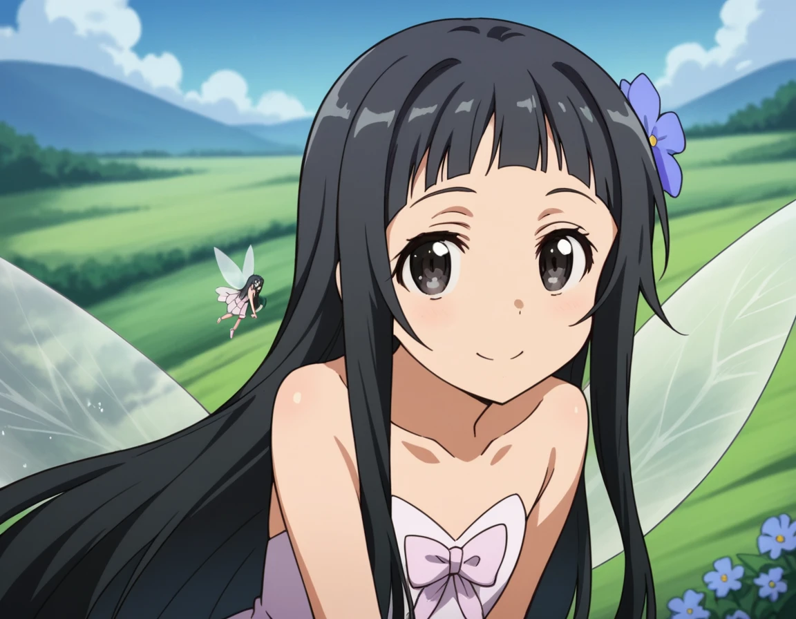 score_9, score_8_up, score_7_up, source_anime,
saoyui, <lora:sao-yui-s1-alo-ponyxl-lora-nochekaiser:0.8>,
yui, long hair, bangs, black hair, hair ornament, very long hair, flower, hair flower, black eyes,
dress, bare shoulders, collarbone, wings, fairy wings, fairy,
outdoors, landscape, smile, bent over,
cowboy shot, looking at viewer, solo, dutch angle,