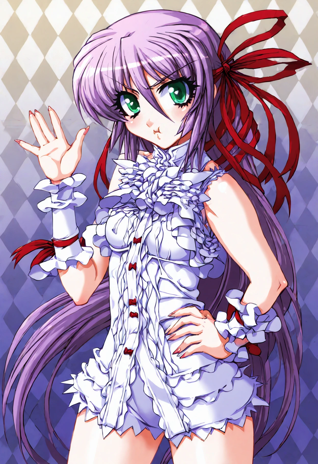 score_9, score_8_up, score_7_up, source_anime, uncensored, zPDXLxxx, <lora:intricate_details:1> intricate_details_xl, food-themed background, (disastrous:1.25), cowboy shot, close-up,
<lora:Al_Azif_v1.1:1> Azif, al azif, 1girl, solo, default outfit, long hair, hair ribbon, purple hair, green eyes, waving, (pout, puffy cheeks:0.85), looking at viewer, standing, hand on own hip, fingernails,