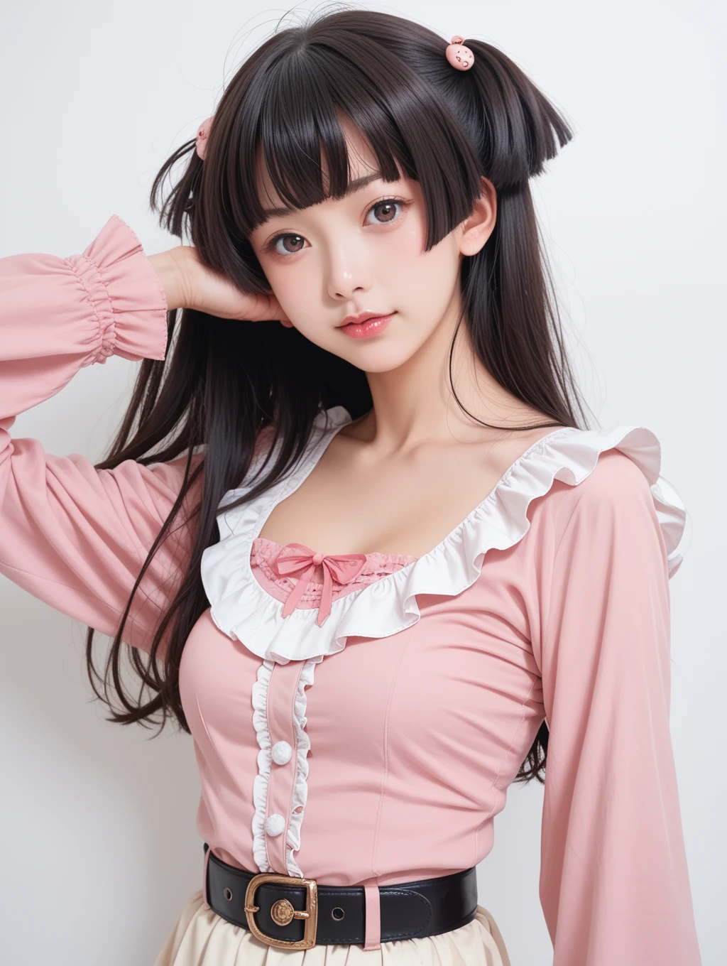 score_9, score_8_up, score_7_up,realistic,
1girl,jirai_kei,solo,looking_at_viewer,medium_breasts,long_sleeves,belt,pink_shirt,simple_background,frills,white_background,1girl,mayuzumi_fuyuko,