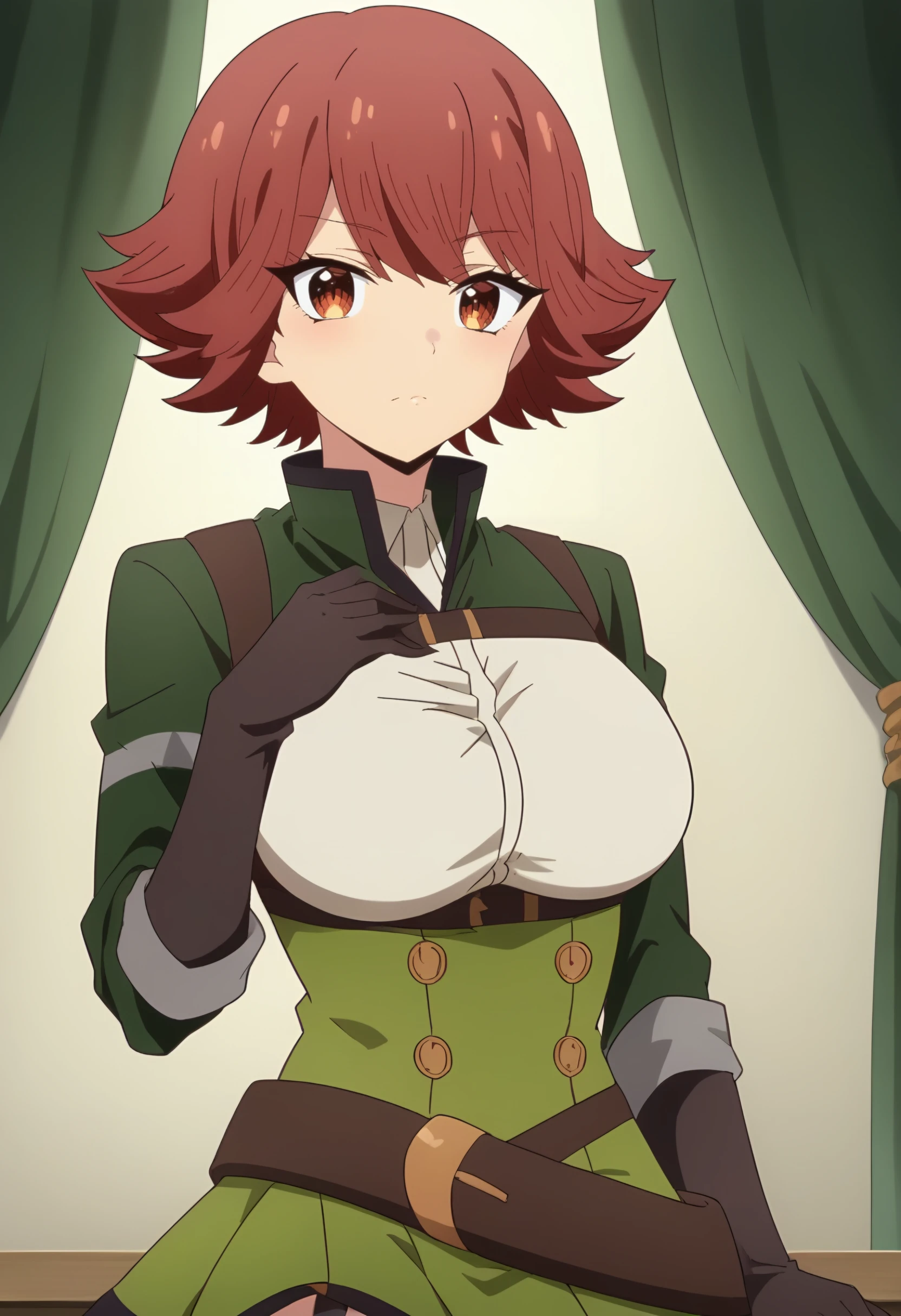 <lora:Byleri:0.9> byleri, short hair, red hair, 1girl, brown eyes, brown hair, solo, large breasts, collared shirt, green jacket ,thighhighs, black gloves, belt, garter straps , green skirt, zettai ryouiki, looking at viewer, score_9, score_8_up, score_7_up, , anime coloring ,BREAK source_anime, anime