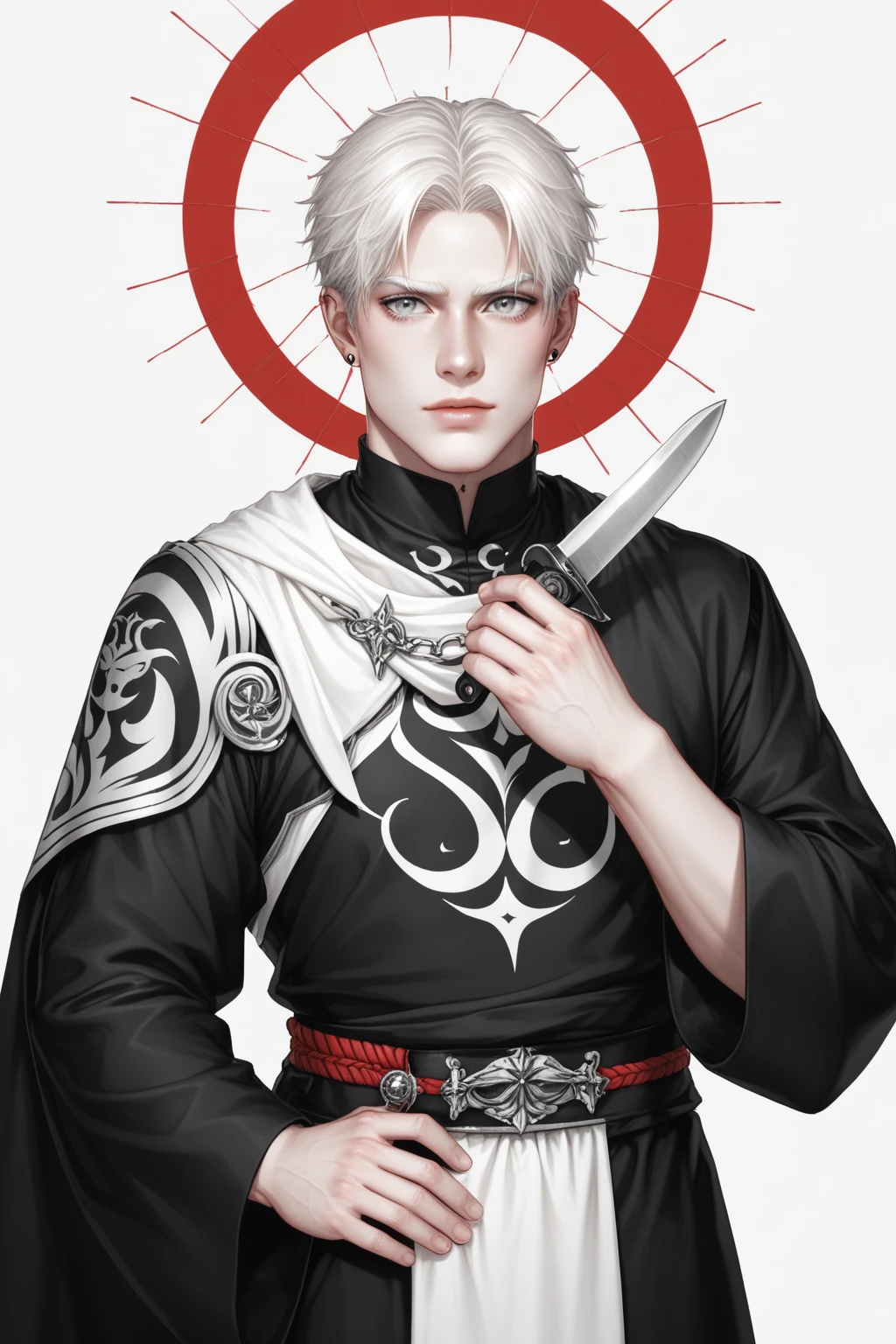score_9,score_8_up,score_7_up male, pale skin, white hair, white eyebrows, muscule, grey eyes, clothes in black ehypt male costume, holding a knife, smiek <lora:Amen pony:0.7> amen <lora:r3d1nk:0.6> r3d1nk, white background, red, monochrome
