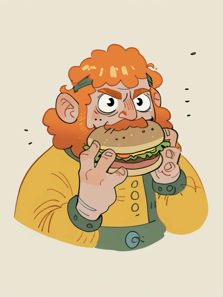 dwarf eating hamburger,  eating hamburger, (hamburger), orange beard
 score_8_up <lora:Silly Dark Fantasy:1>