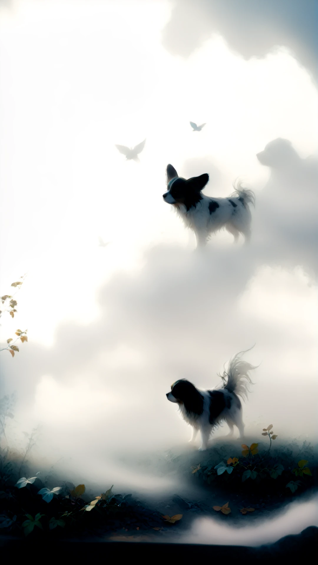 (3 dogs:1.2) playing in center, NOBLEDOGS_CTS    <lora:NOBLEDOGS_CTS-000018:0.53> NOBLEDOGS_CKCS    <lora:Noble_Dogs_XL_CKCS_E27:0.33>, (Phalene and Papillon dogs with long hairs blown by wind:1.3), (smiling and waving its tail:0.7), dark eyes of cute puppies, fit beautiful toy spaniel dogs
BREAK dogs are playing inside (cozy royal garden:1.1), surreal dreamy picture, (unusual storytelling:1.2), (low contrast soft pastel drawing:1.2), (cloudy:0.2) (sky with soft  dimmed light at early morning:0.8), full body detailed photorealistic drawing drawn by hand, (leafs and birds:0.8), (realistic highly detailed turbulent fog:0.8)
BREAK soft focus,  (shallow depth of field, Helios_44_2 swirly bokeh:0.6), (light leaks, gloom:0.4), (analog film simulation:0.8),  <lora:[XL]bokeh:0.17>  <lora:epiCRealismHelper:0.33>   <lora:Malapris_CinematicRedmond_LORA-128-001a:0.33> vintage  <lora:vintage-XL:0.33>