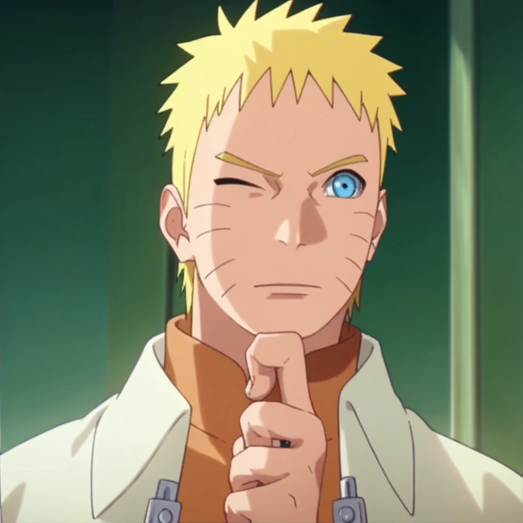 (score_9, score_8_up, score_7_up), 1boy, Naruto, male focus, solo, one eye closed, jacket, stroking own chin, official style, official art