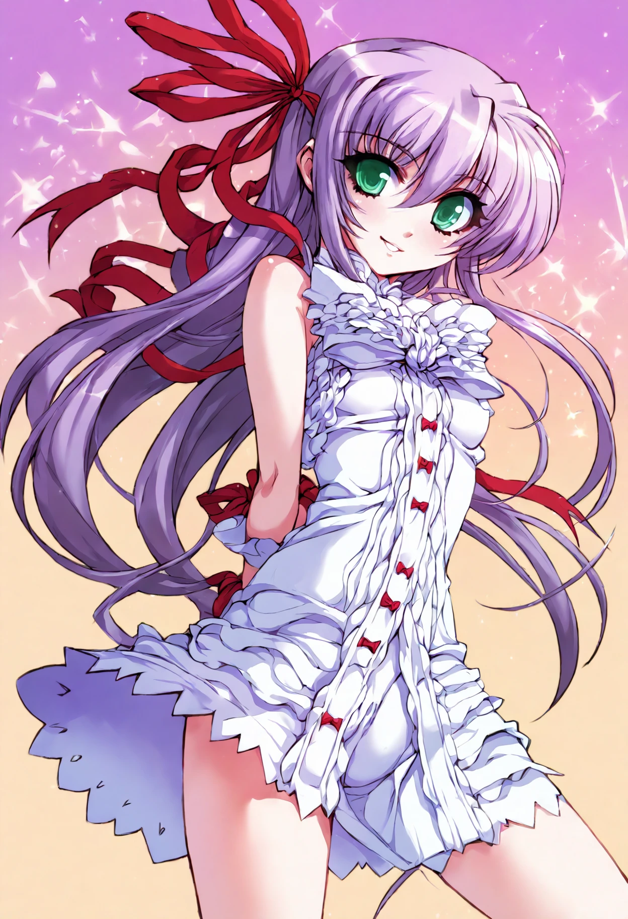score_9, score_8_up, score_7_up, score_6_up, score_5_up, score_4_up, source_anime, uncensored, zPDXLxxx, <lora:intricate_details:0.5> intricate_details_xl, simple background, shore, dusk, Summer Festival, rotated, breast focus
<lora:Al_Azif_v1.1:1> Azif, al azif, 1girl, solo, default outfit, long hair, ribbon, purple hair, green eyes, hair ribbon, looking at viewer, light smile, arms behind back