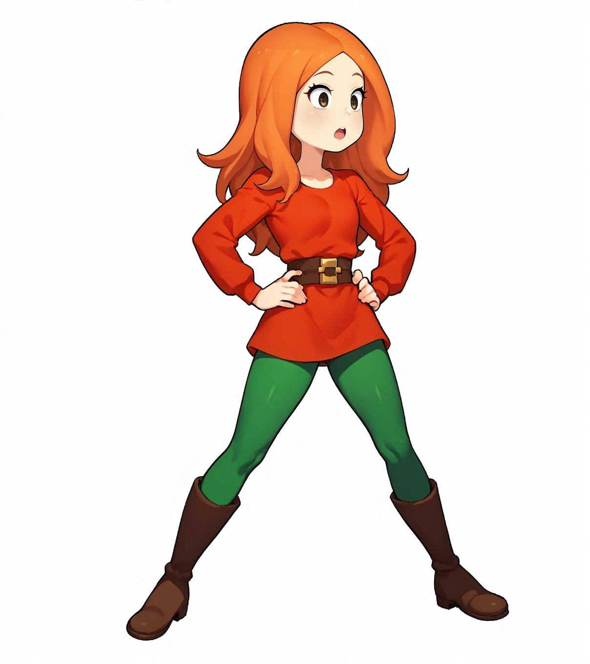score_9, score_8_up, score_7_up,
princess_sabina, 1girl, solo, red hair, long hair, red shirt, green pants, green tights, brown boots, hands on hips, dot pupils, open mouth, parted lips, white background, <lora:Princess_Sabina:1>