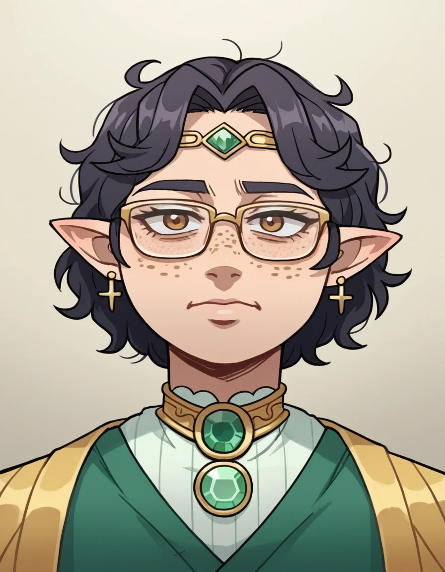zPDXL, score_9, score_8_up, score_7_up, source_anime, 8k, absurdres,
1girl, solo, <lora:Vanitaker:0.8> vanitaker, <lora:GinoXL:0.8> ginoxl, black hair, glasses, plump, short, brown eyes, real life insert, wavy hair, short hair, messy hair, tanned,, elf wearing a soft purple gossamer blouse with intricate embroidery, pleated skirt , brocade elven stockings with delicate patterns, crystal adorned heels, leaf-shaped ring,moonstone ring, gold dust freckles, silver circlet with gem, upper body, portrait,