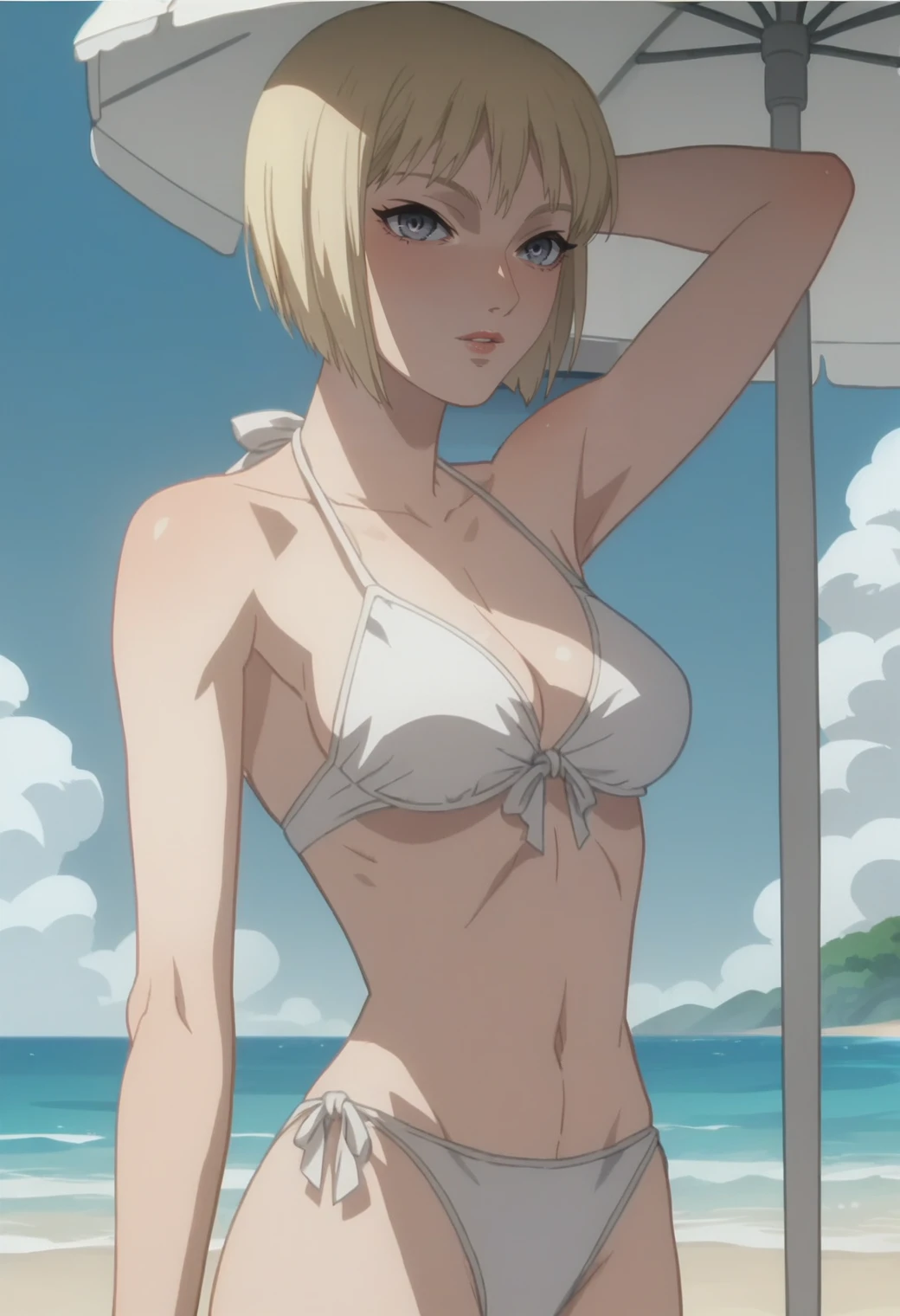 score_9, score_8_up, score_7_up, rating_explicite 1girl, solo, anime screencap, <lora:Clare-10:0.8> clare, grey eyes,, dynamic pose, bikini, beach umbrella,