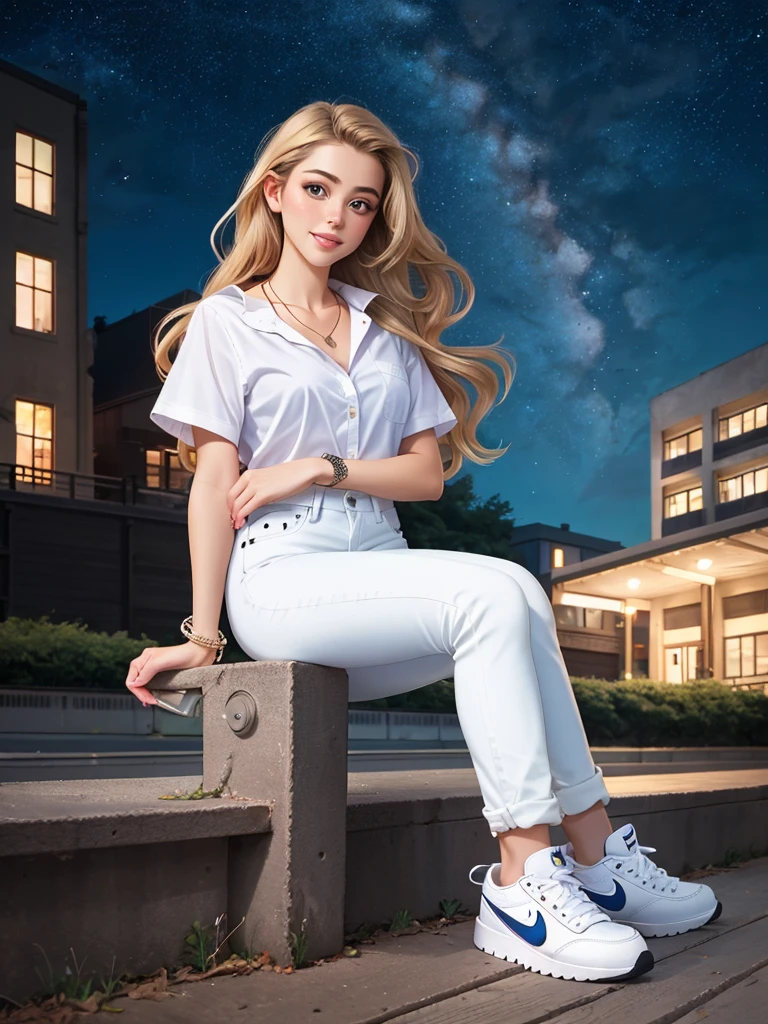 Realistic photo of a beautiful d4sh4m woman, 1girl, solo, long hair, looking at viewer, smile, blonde hair, brown hair, shirt, jewelry, sitting, short sleeves, outdoors, sky, shoes, pants, necklace, bracelet, lips, head tilt, black shirt, night, white footwear, denim, building, sneakers, star (sky), night sky, starry sky, jeans, realistic, white pants, photo background, nike, professional Photography, Photorealistic, detailed, RAW, analog, sharp focus, high quality, film grain<lora:d4sh4m:1.0>