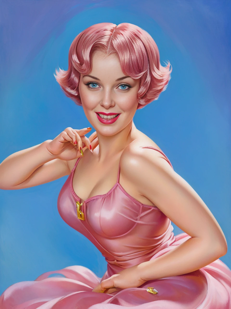 <lora:pinup:1>pinup of a happy girl with long pink dye bob hair , highly detailed, masterpiece