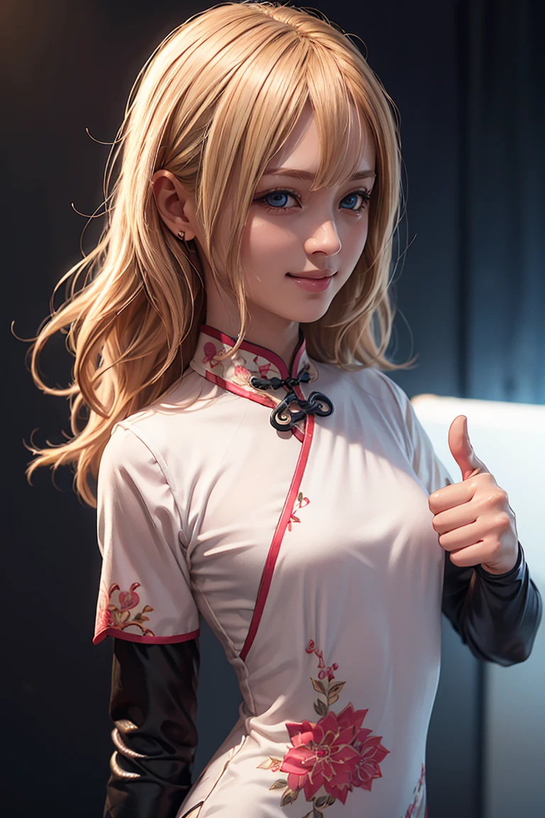 best quality, masterpiece, (realistic:1.2), detailed face, beautiful eyes, upper body, 1girl, solo, (petite), seductive smile, (round face:1.2), blue eyes, blonde hair, full bust, (thumbs_up), (pink cheongsam), dark studio, rim lighting, blurred background , <lora:epi_noiseoffset2:0.9>,
