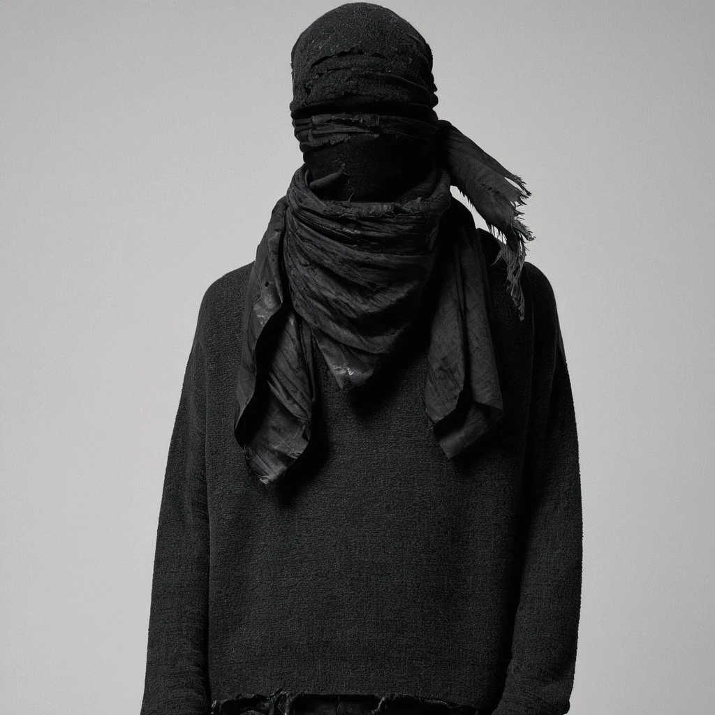 man,archive,high fashion,torn clothes,scuffs clothes, abrasions clothes ,rubs clothes,dark,90x,bad quality,no face,bandage,scarf hide his face,melted clothes,flowing clothes,<lora:High_Fashion:1>